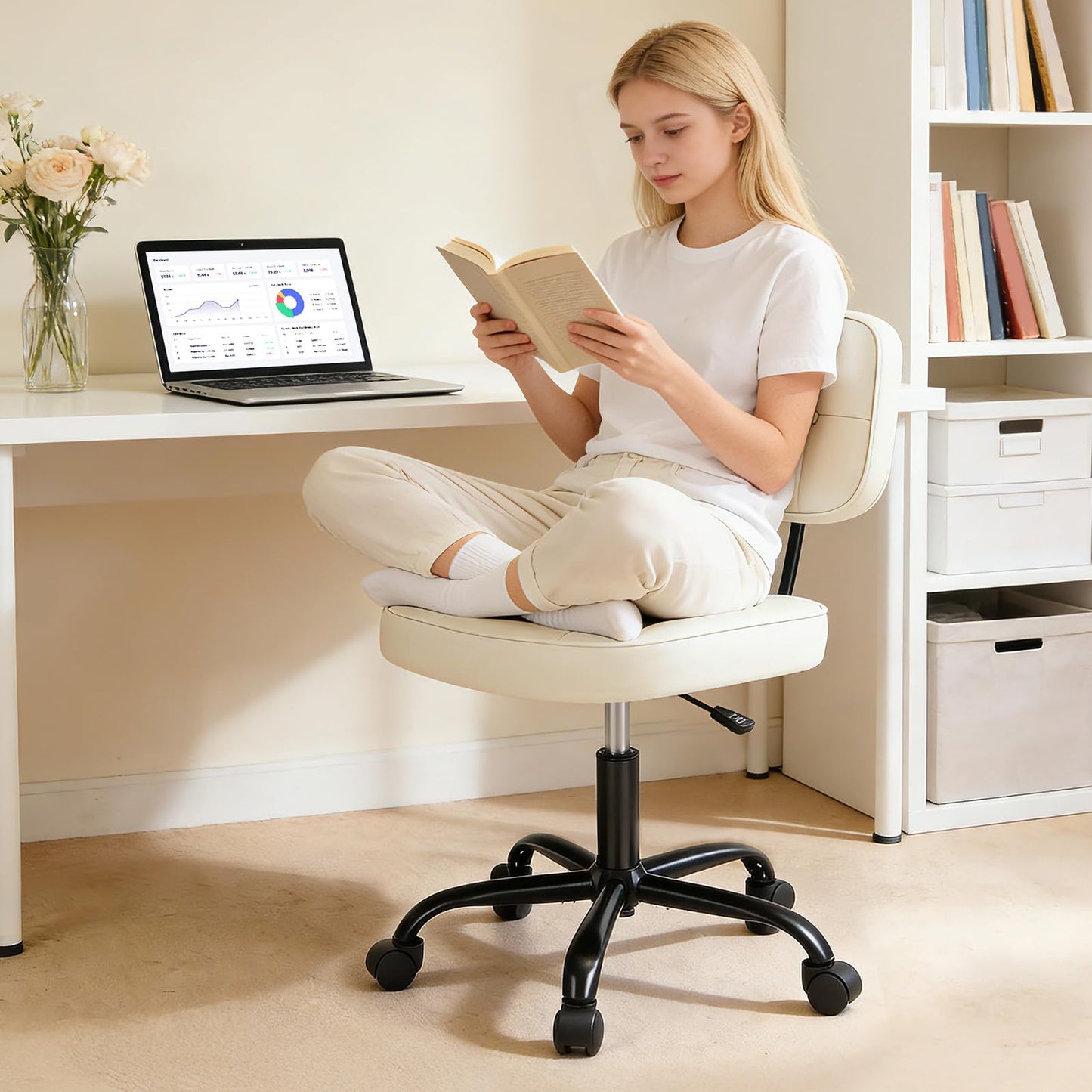 DUMOS Home Office Desk Chair - Ergonomic Armless PU Leather Computer Rolling Task Chair,with Comfy Lumbar Support and Height Adjustable, Vanity, Bedroom, Living Room, Beige