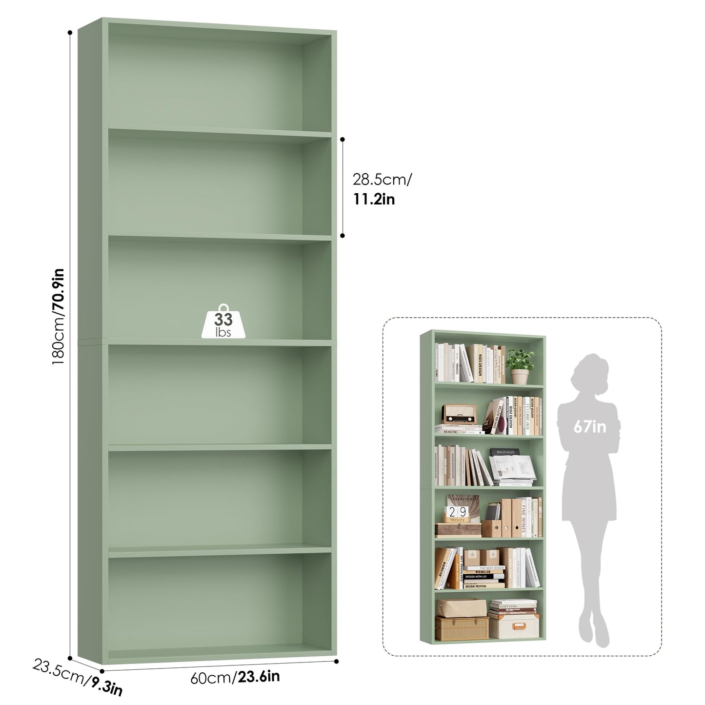 FOTOSOK 6-Tier Open Bookcase and Bookshelf, Freestanding Display Storage Shelves Tall Bookcase for Bedroom, Living Room and Office, Green
