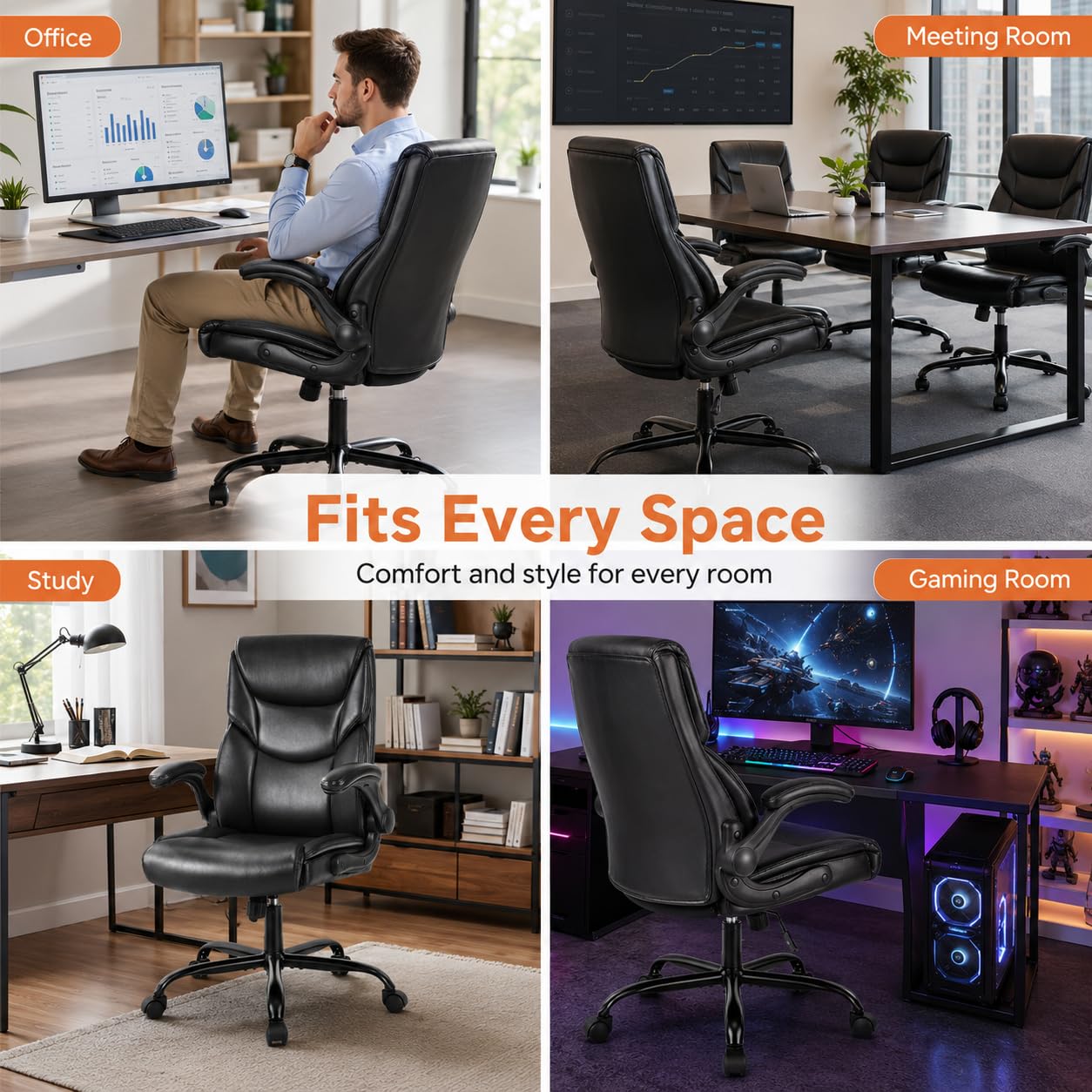 Ergonomic PU Leather Office Chair - Executive Computer Desk Chair with Lumbar Support & Wide Seat, Adjustable Height Task Chair with 360° Swivel & Quiet Wheels for Home Office, Gaming, Black