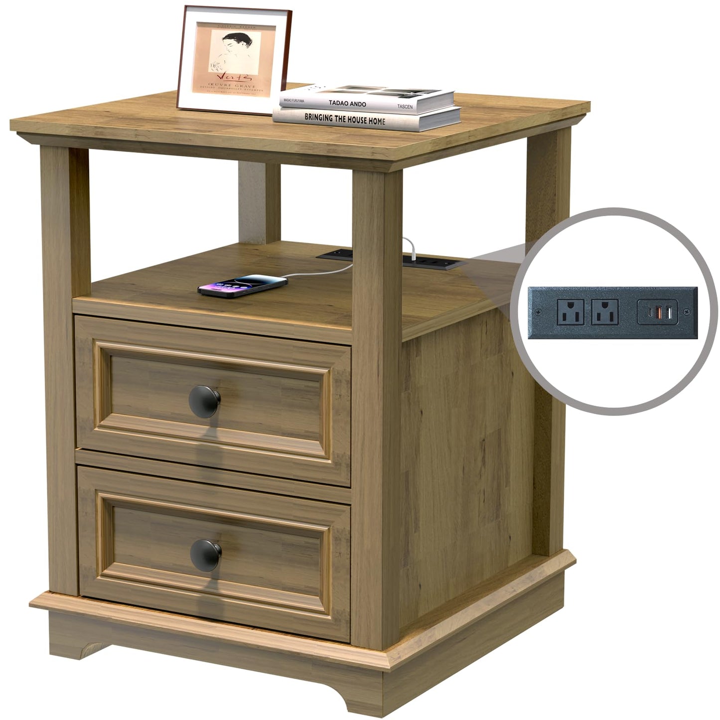 REDAYFUR End Table with Fast USB C Charging Station, Sofa Side Table with 2 Drawers, Large Storage Rustic Wood Square Storage Cabinet for Living Room,Bedroom,Office, Light Brown
