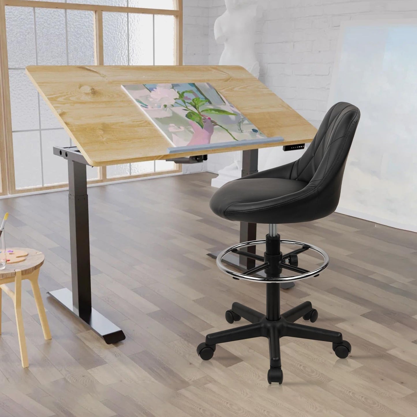 KLASIKA Drafting Chair with Back, Leather Rolling Swivel Stool with Adjustable Height and Footrest, Ergonomic Tall Standing Desk Office Chairs with Wheels for Home Work Shop Kitchen Bar, 1PK