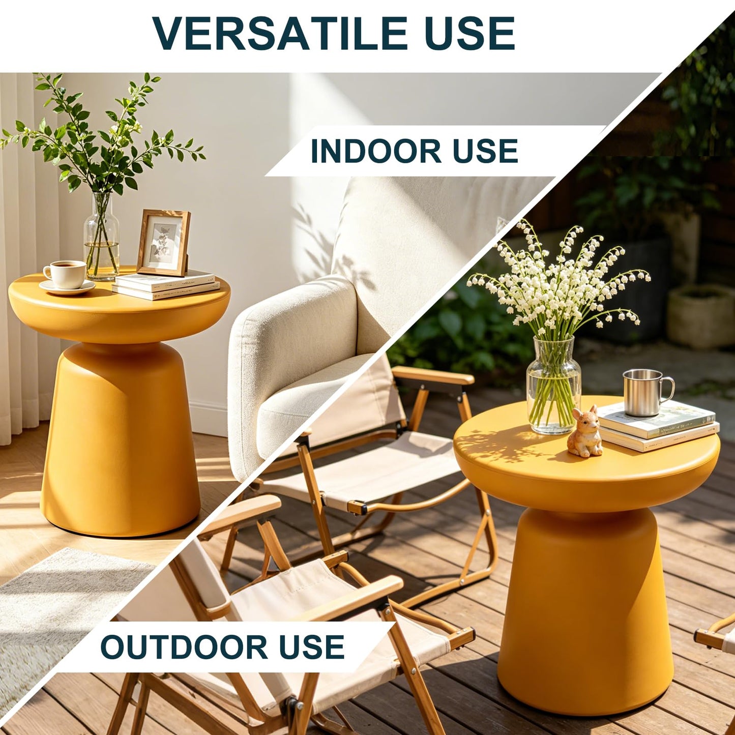 Modern Round Side Table, 16" Ginger Yellow PE Material Accent End Table, Mushroom Shaped Small Coffee Table for Living Room Bedroom Sofa Corner, Waterproof Pedestal Nightstand for Indoor/Outdoor