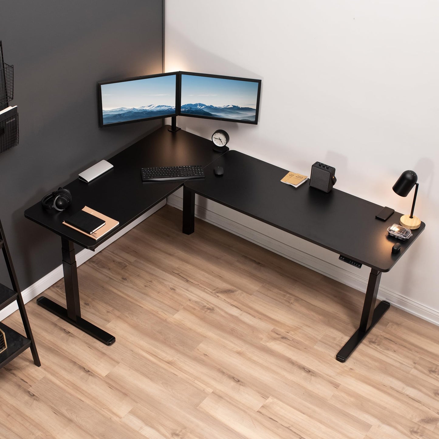 VIVO Electric Height Adjustable 83 x 60 inch Corner Stand Up Desk, 2 Black Solid Table Tops, White Frame, Memory Controller, L-Shaped Workstation, 3E Series, DESK-KIT-3E8WB