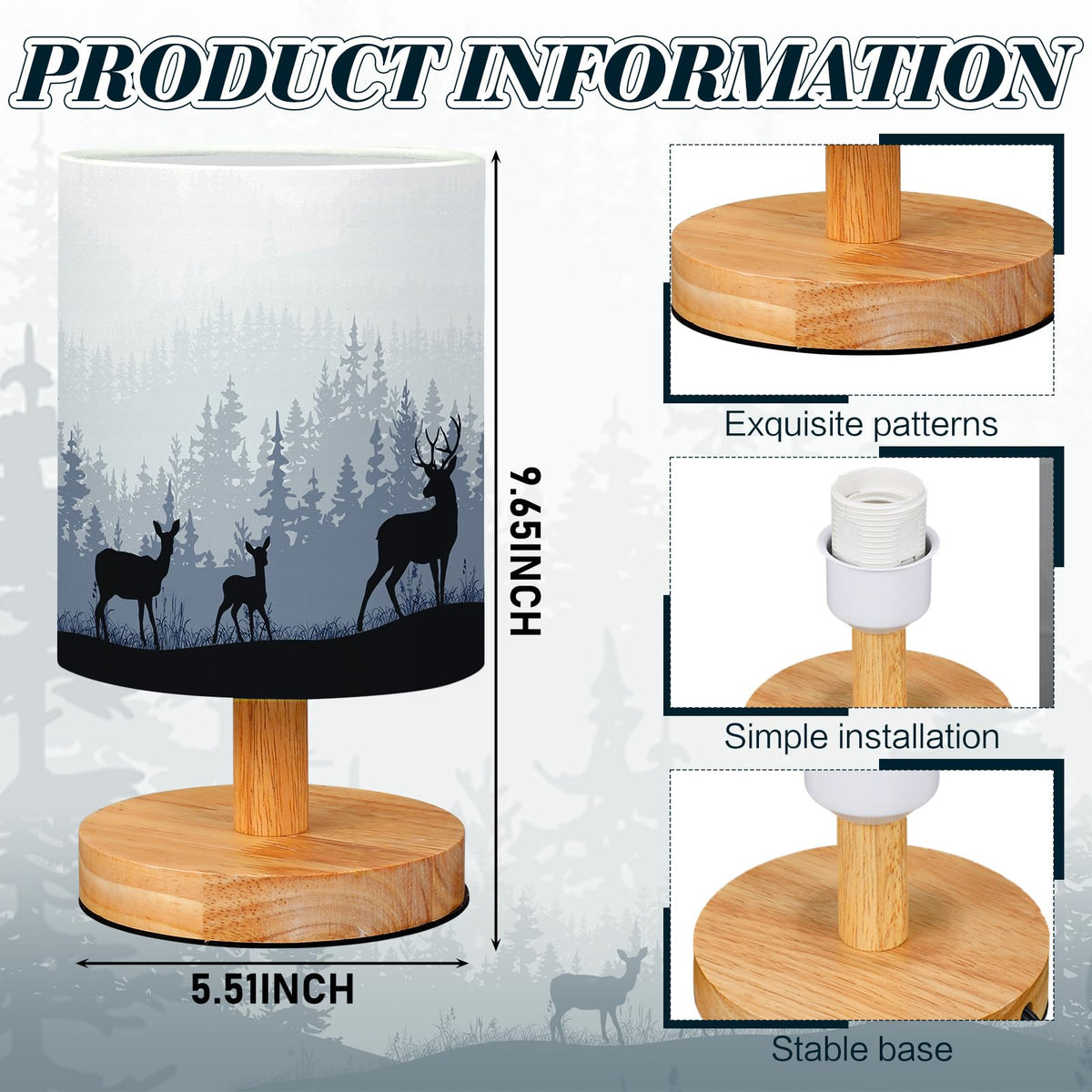 VIHOSE Woodland Deer Bedside Table Lamp Watercolor Winter Forest Tree Animal Deer Nightstand Lamp with Wood Base Fabric Lamp Shade Bedside Desk Lamp for Living Room Bedroom Kids Room Office