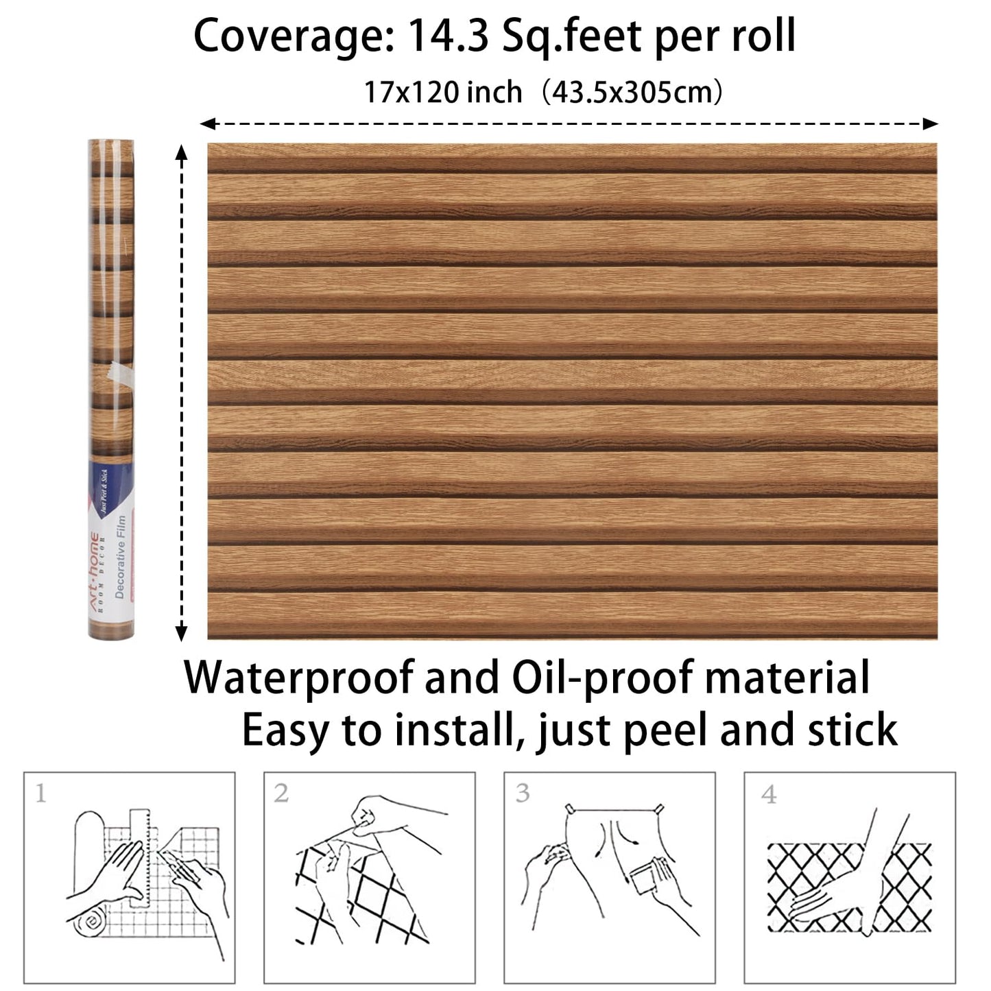 Arthome 17''x120'' Wood Slat Wallpaper, Peel and Stick Self Adhesive Wood Wallpaper PVC Vinyl Decorative Removable Wallpaper Waterproof Faux Wood Grating Stripe Contact Paper for Living Room Bedroom