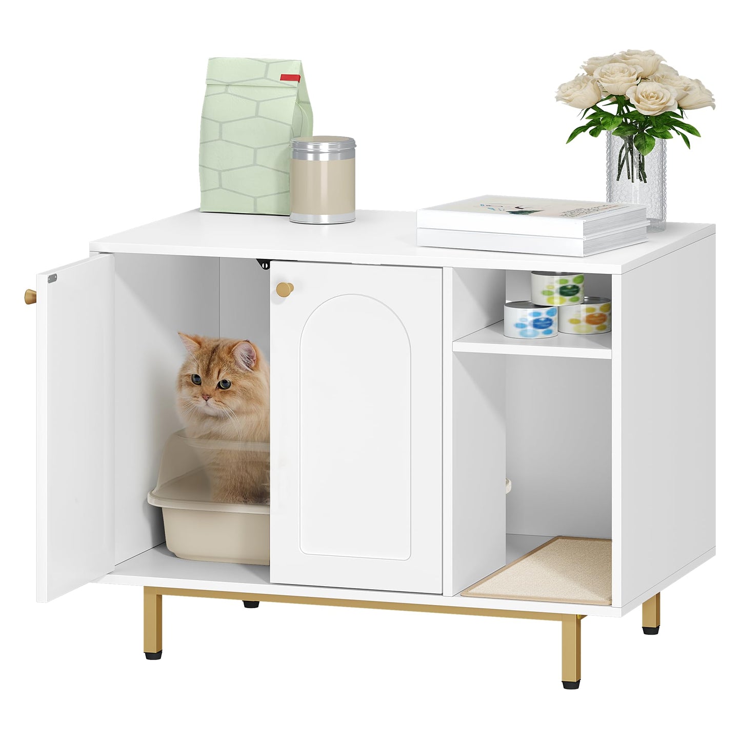 Hzuaneri Cat Litter Box Enclosure,Hidden Litter Box Furniture with Storage, Large Wooden Cabinet with Sisal Mat, Modern Cat Washroom for Living Room, Bedroom, Entryway, White and Gold 01503GCLB