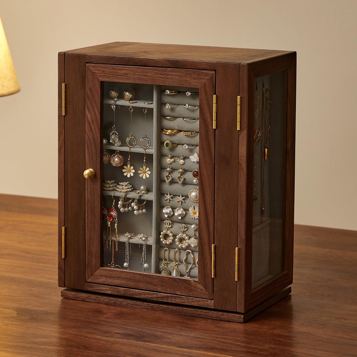 THFLSTR Wooden Jewelry Box for Women, 360 Rotating Design,Large Jewelry Organizer with Velvet Lining, 5 Drawers, Transparent Glass Doors, Black Walnut Wood Grain, Jewelry Storage Organizer