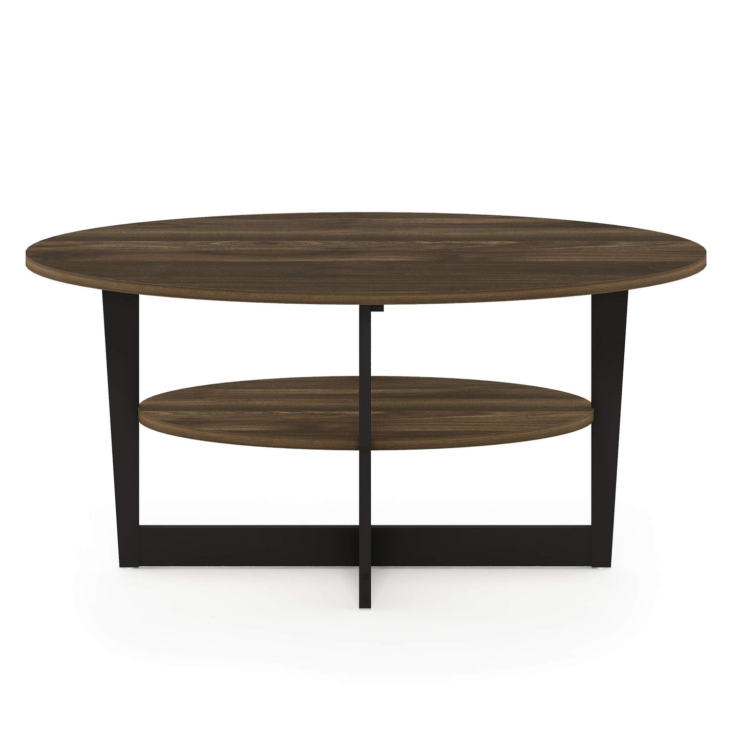 Furinno Jaya 2-Tier Round Coffee Table, Small Rustic Brown Coffee Table with Storage Shelf, Oval Center Table for Living Room, Bedroom, Home Office, Brown Walnut