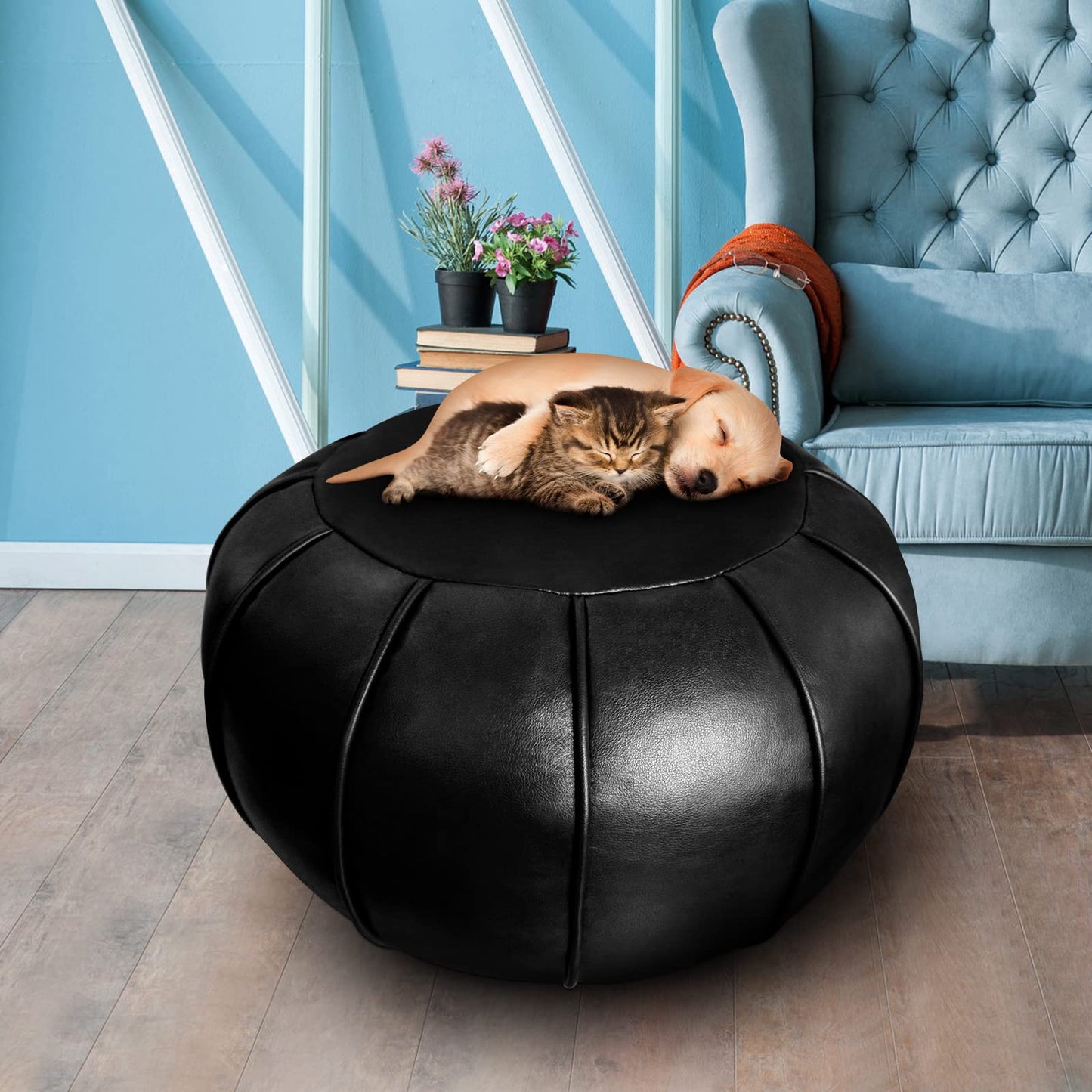 Louis Donné Round Unstuffed Faux Leather Pouf Ottoman Cover, Portable Indoor Outdoor Foot Rest Cover with Invisible Zipper, Sturdy Footstool Cushion Case for Home Patio Balcony Daily Use, Cover Only