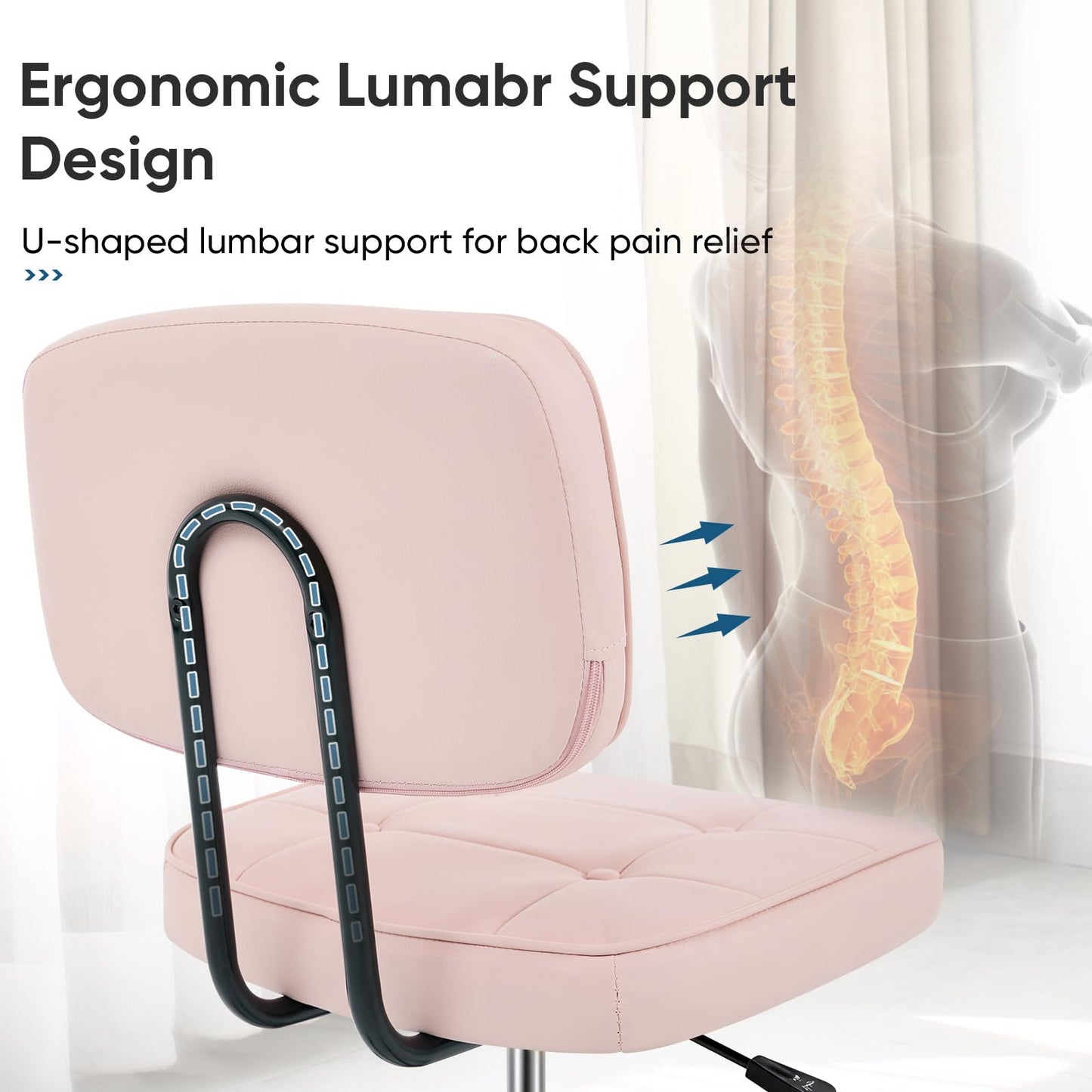 DUMOS Home Office Desk Chair - Ergonomic Armless PU Leather Computer Rolling Task Chair,with Comfy Lumbar Support and Height Adjustable, Vanity, Bedroom, Living Room, Pink