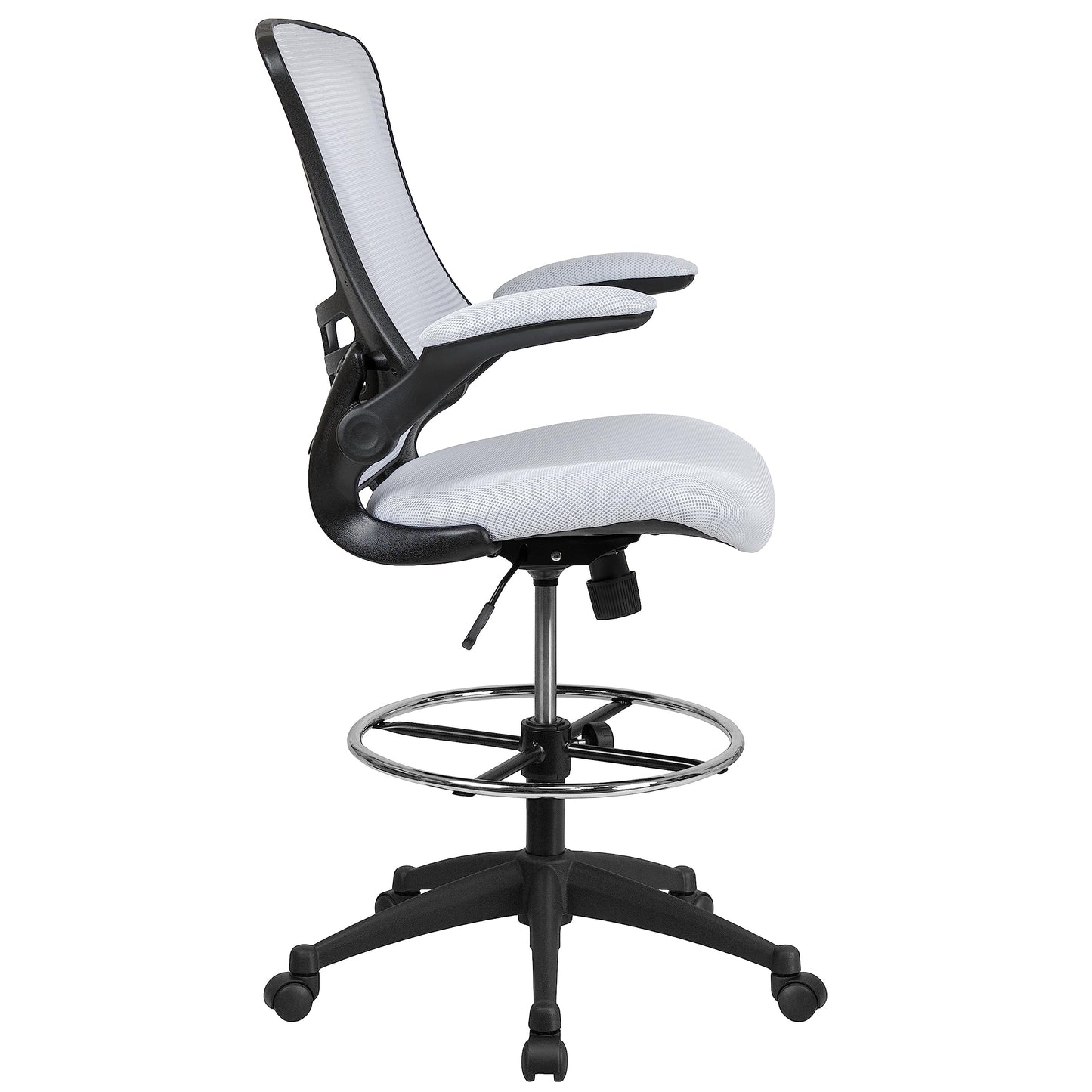 Flash Furniture Kelista Mid-Back White Mesh Ergonomic Drafting Chair | Adjustable Foot Ring, Flip-Up Arms | Comfort and Productivity