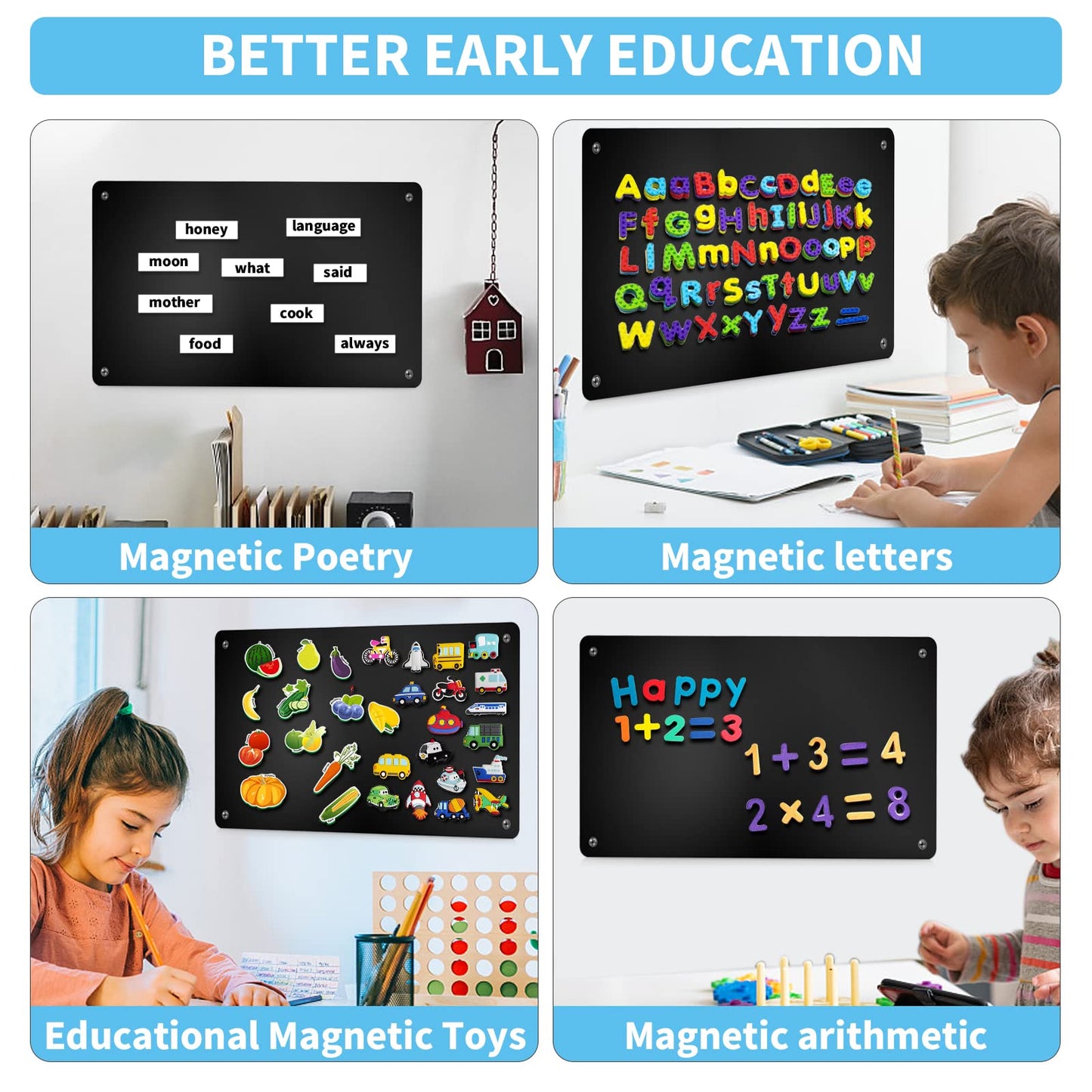 17.7" x 11.8" 2 Pack Black Metal Magnetic Board - Magnet Bulletin Board to Display Magnetic Letters Numbers Animal, Poetry, Spice Jars, Notes, Photos, Suitable for Wall, Refrigerator, Cubicle