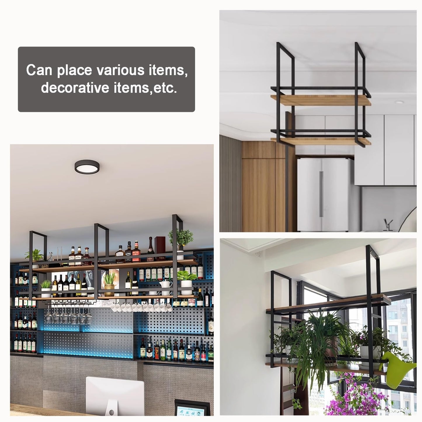 Tatitzro Ceiling Hanging Wine Bottle Holder, Metal Floating Glass Shelf Wall Mounted Wine Bottle Rack Shelves Decorative Plant Display Storage Shelf with Stemware Hanger, for Bar Cafe(60x30