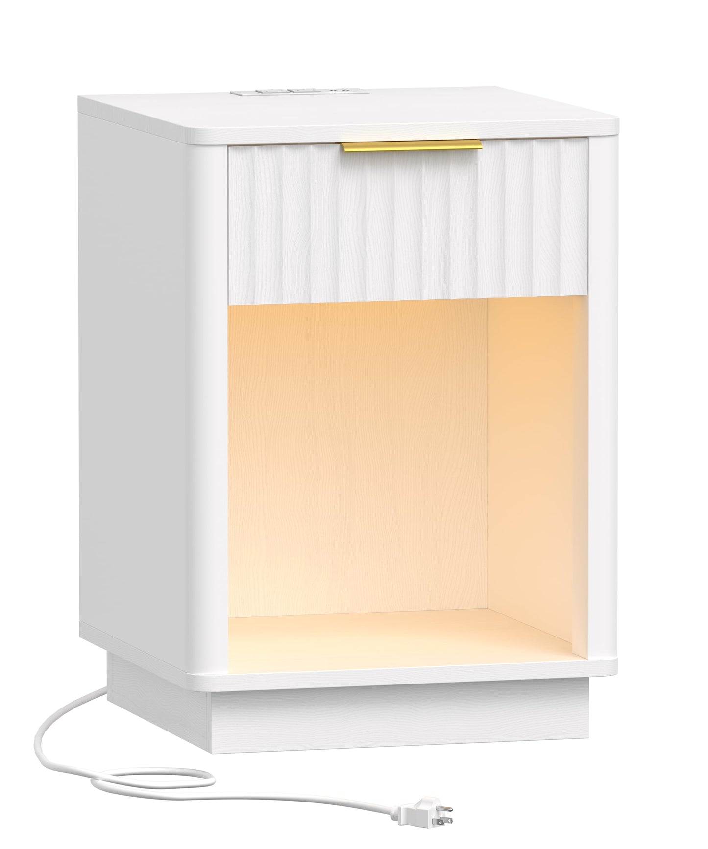 Akxomel Fluted Nightstand, Wooden Night Stand with Charging Station and LED Light, Modern Mid Century End Table with Drawer, 15" D x 15.7" W x 22.6" H, for Bedroom, White