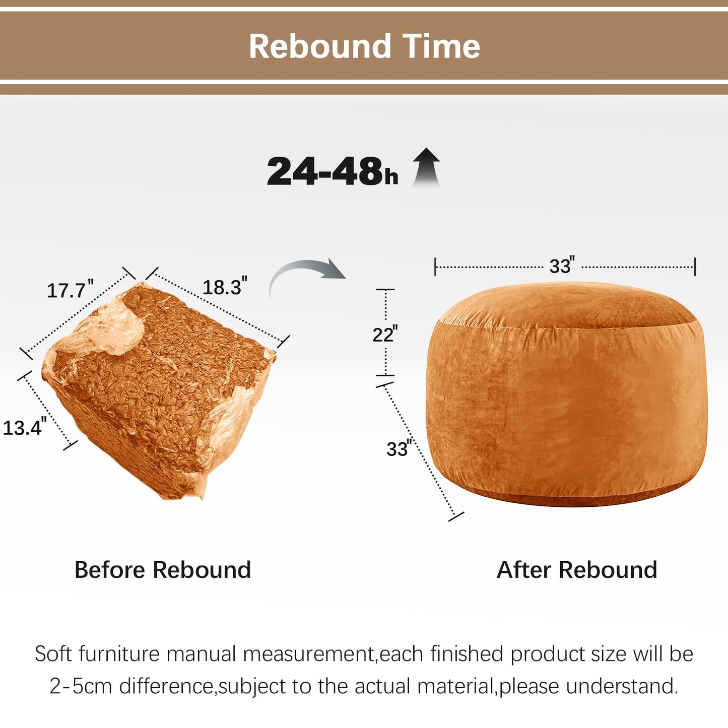 ILPEOD Bean Bag Chairs for Adults - Memory Foam Furniture BeanBag Chair - Kids/Teens Sofa with Soft Micro Fiber Cover - Round Fluffy Couch for Living Room Bedroom College Dorm - 3 ft, Golden Brown