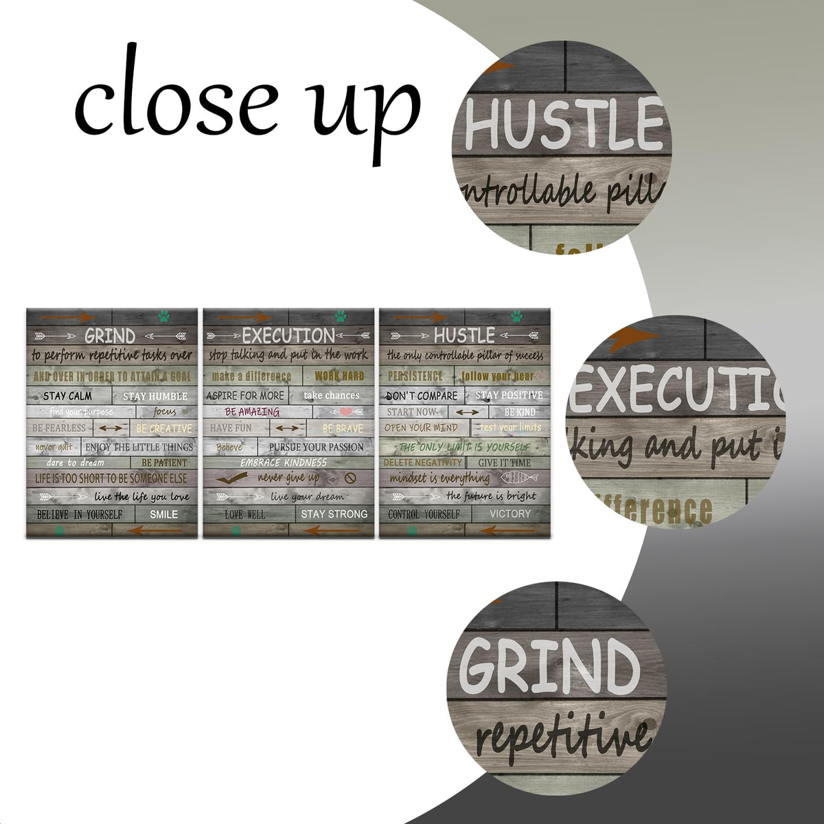 PSYYSP 3 Piece Canvas Wall Art Grind Execution Hustle Posters, Rustic Motivational Triptych Wall Decor for Office, Bedroom, Dorm, Business Workspace, Framed Canvas 36x16inch