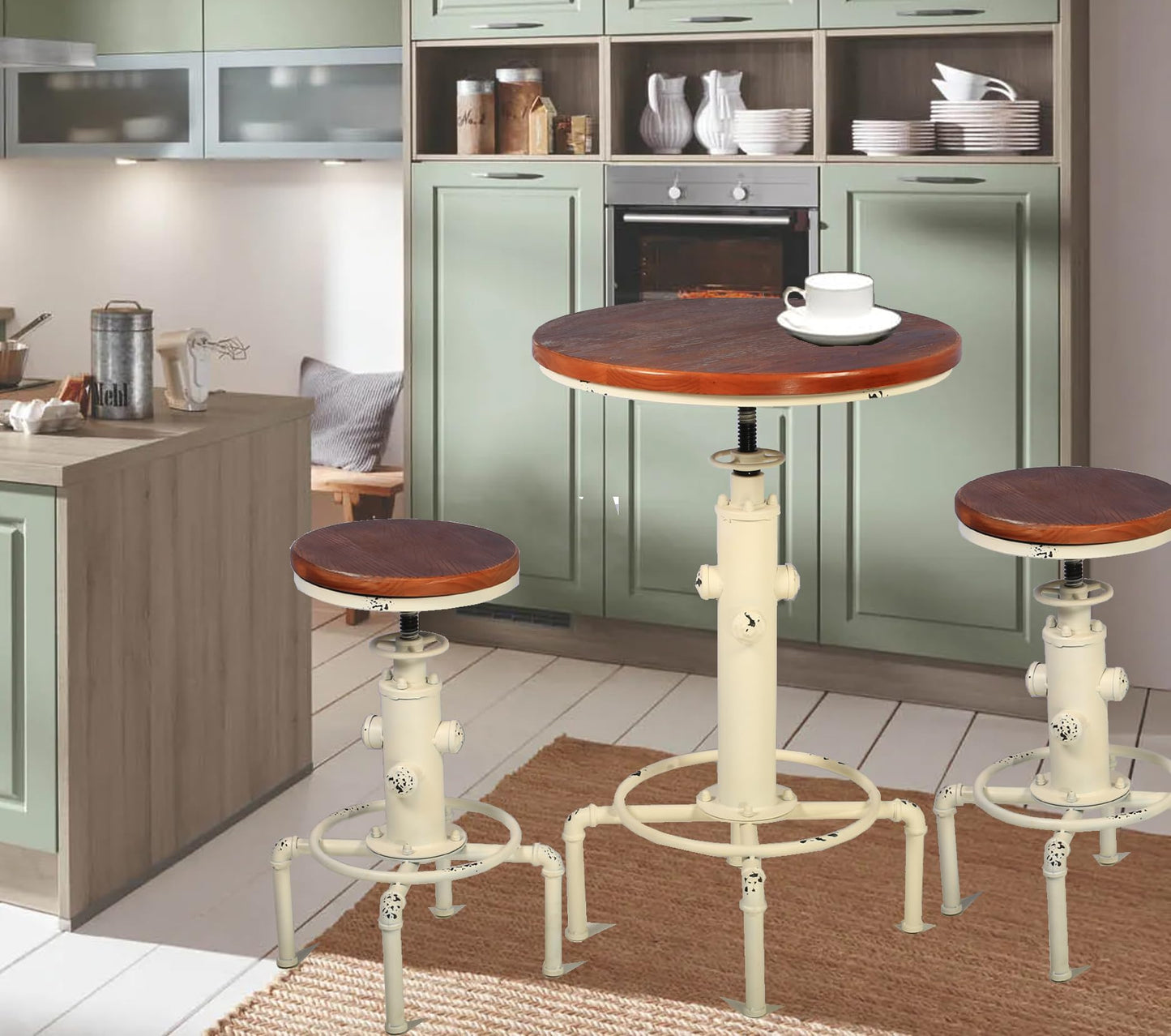 Topower Industrial Bar Table 32.3-38.2" Adjustable Pub Table Kitchen Dining Coffee Bistro Table (Antique White)