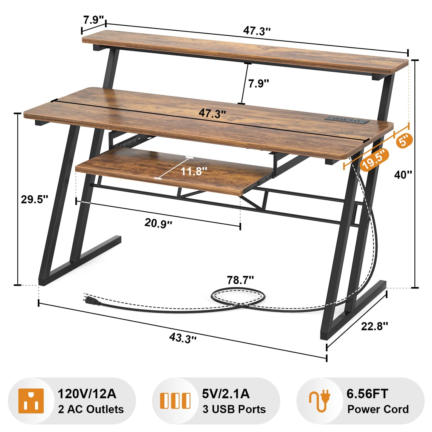 Armocity Music Studio Desk Production Workstation - 47" Recording Studio Desks for Producer with Power Outlet, Studio Workstation for Music Recording, Home Studio Table Desk, Rustic Brown