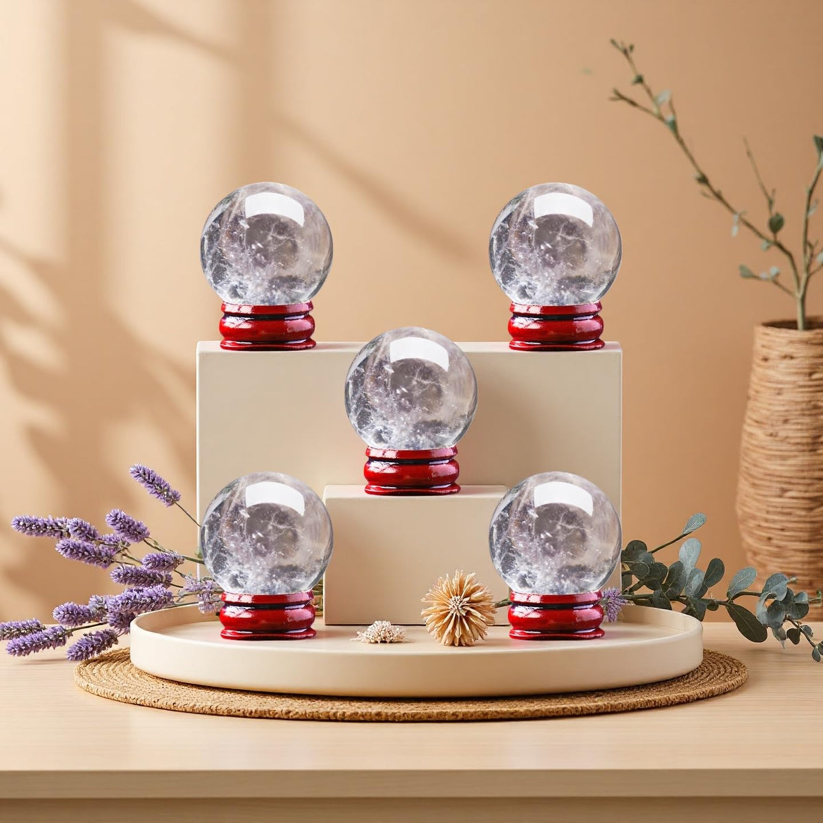 DUKIZA Natural Clear Quartz Crystal Sphere with Stand,5PC Real Crystals Ball, Clear Quartz Small Ball Decor (Clear Quartz Ball)