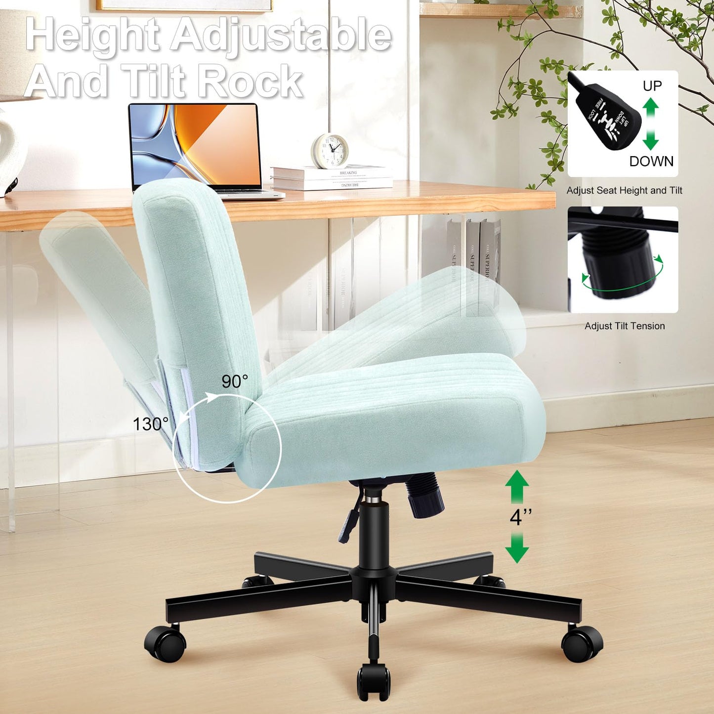 TUKAKA Criss Cross Chair with Wheels,Thick Padded Fabric Cross Legged Office Desk Chair with Pocket Springs Cushion,Dual-Purpose Base,Wide Adjustable Computer Home Office Vanity Chair,Mint Green