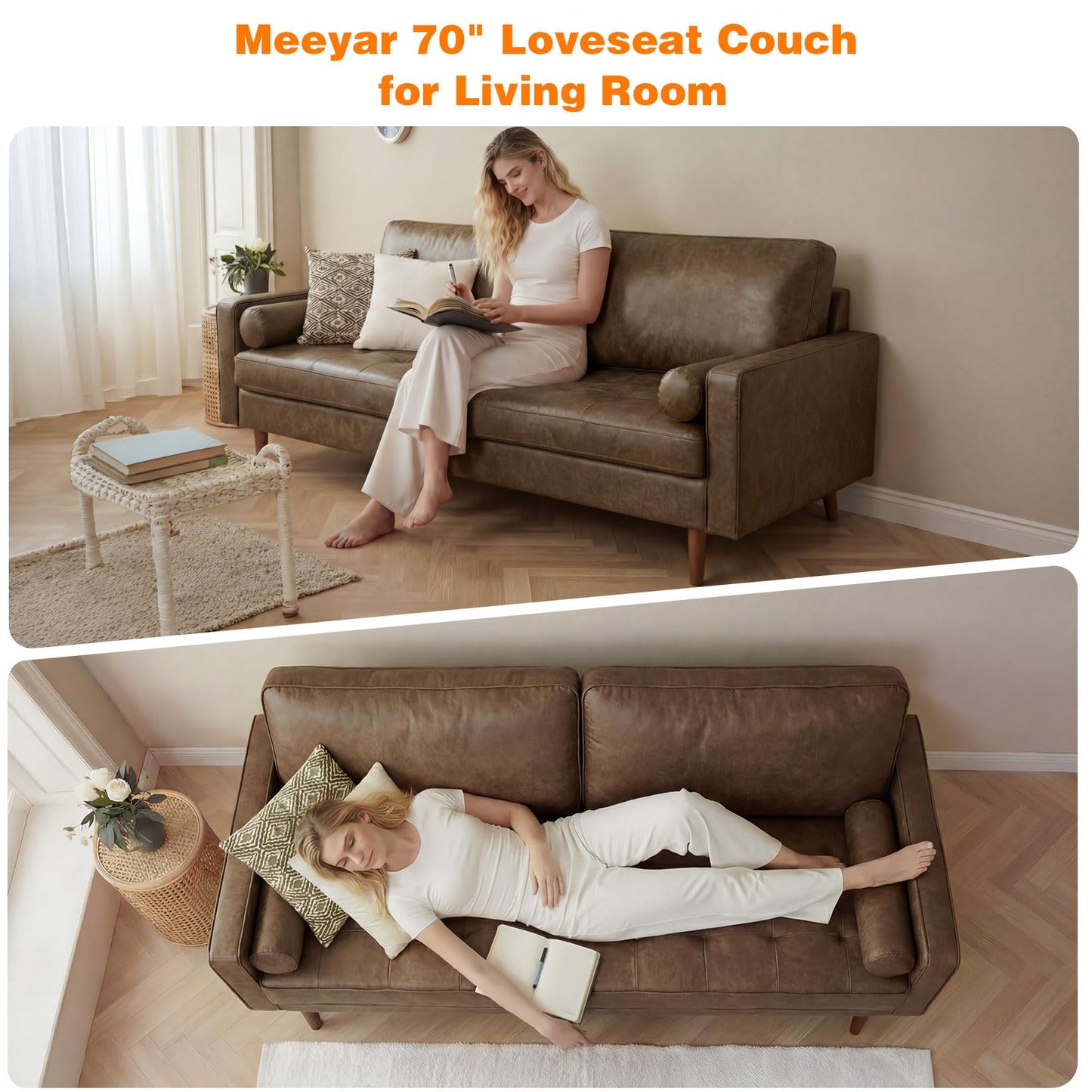 Meeyar 70" Mid-Century Modern Sofa Couch – Faux Leather Loveseat Sofa with Deep Seat & Solid Wood Frame – Includes 2 Accent Pillows –Dark Brown Living Room Bedroom Office
