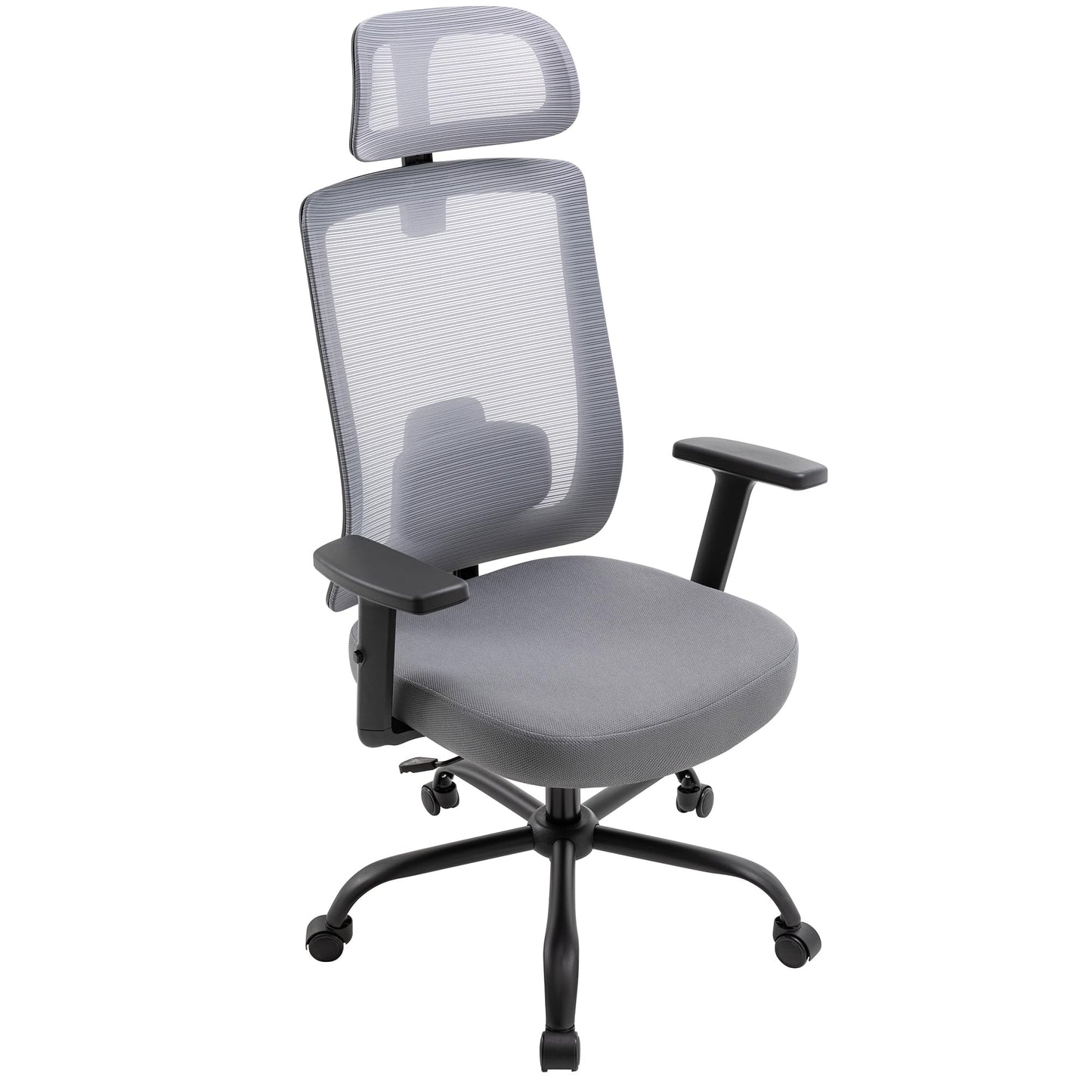 Meilocar Ergonomic Office Chair, Office Desk Chair with High Back Mesh and Adjustable Lumbar Support, Rolling Work Chairs with Wheels and Adjustable Headrests, Wide Cushion, Grey