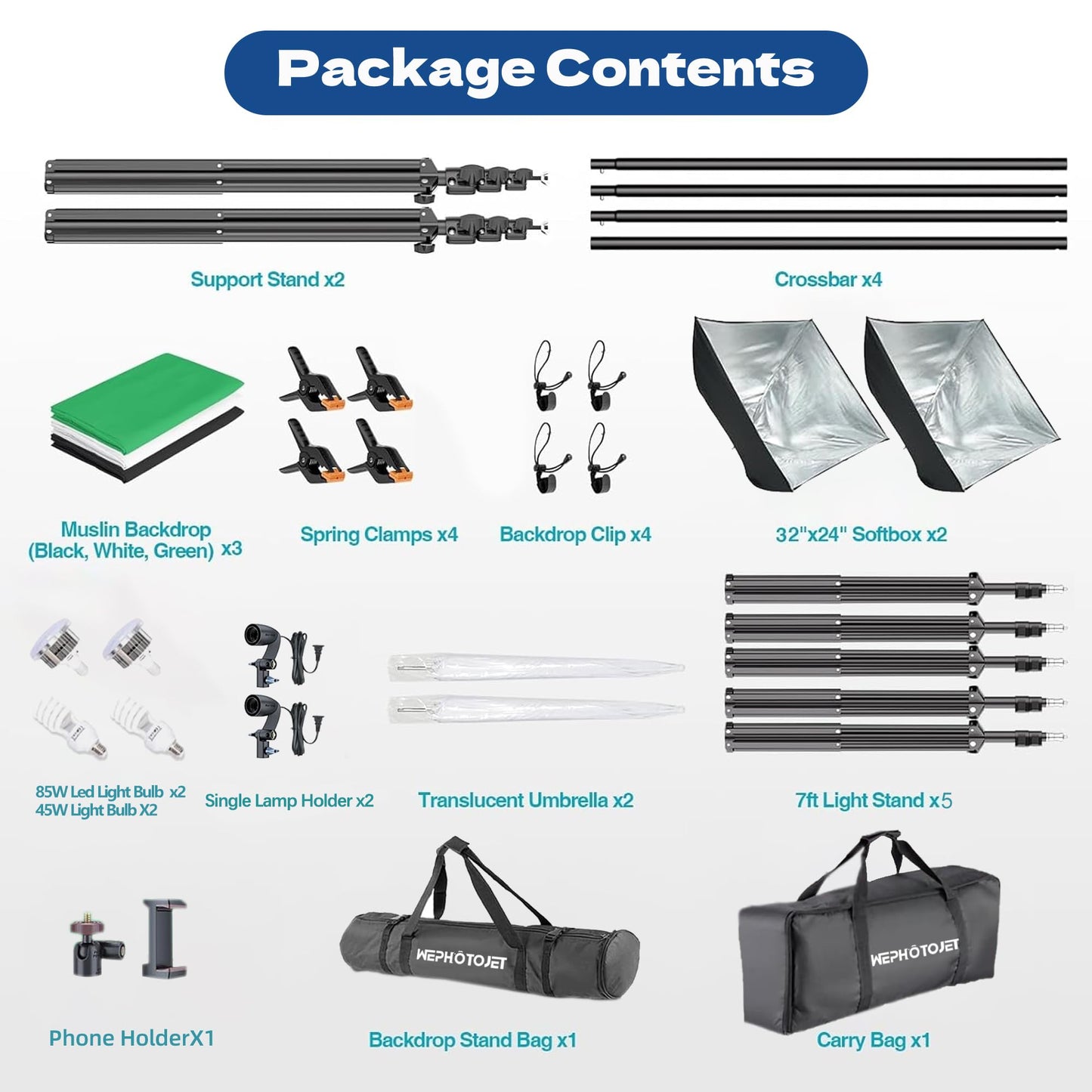WEPHOTOJET Photography Softboxes Kit with 6.6x10ft Backdrop Stands, 5 Tripod Stands, 3 Color Background Screen, Softbox with 85W Led Bulb, Photo Studio Equipment for Video Shoot, Product & Portrait