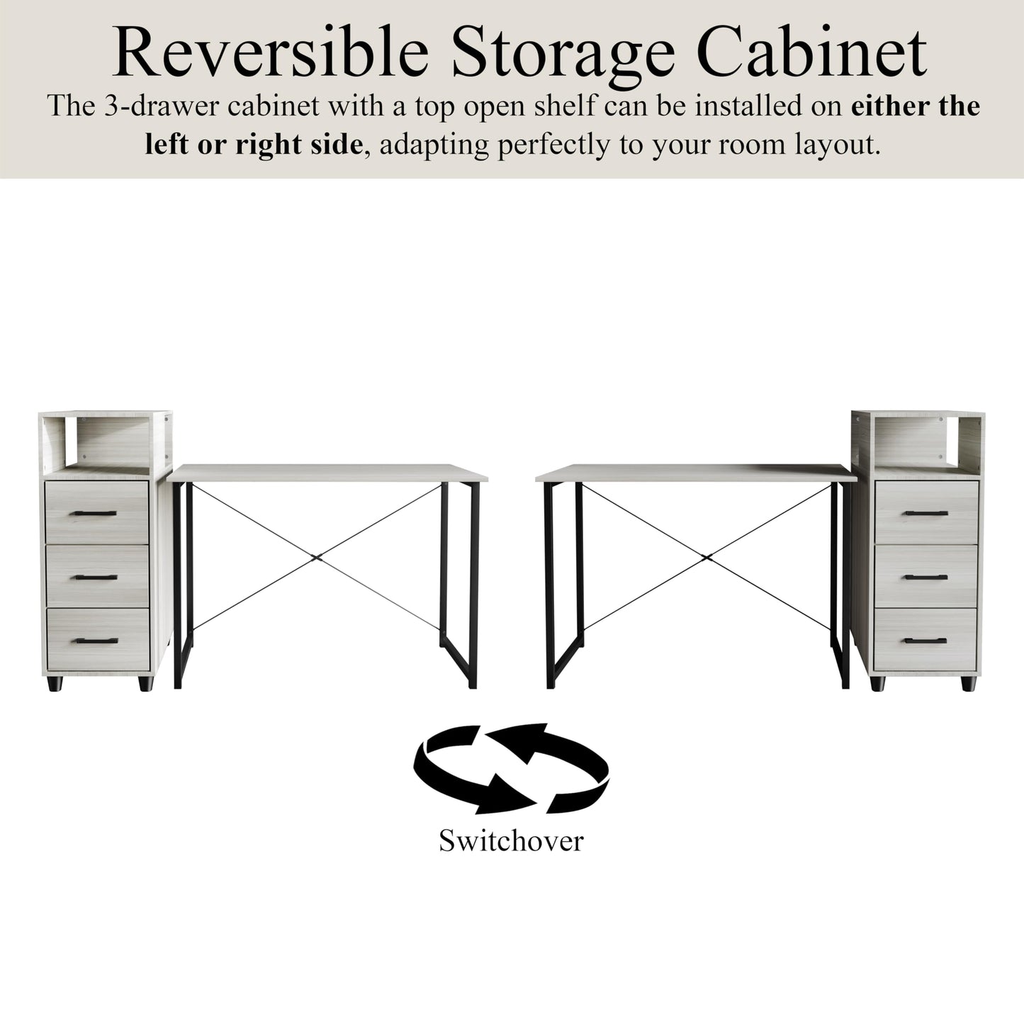 Castle Place Wooden Writing Desk with Sturdy Metal Frame, Movable Side Cabinet and 3 Drawers, Light Grey