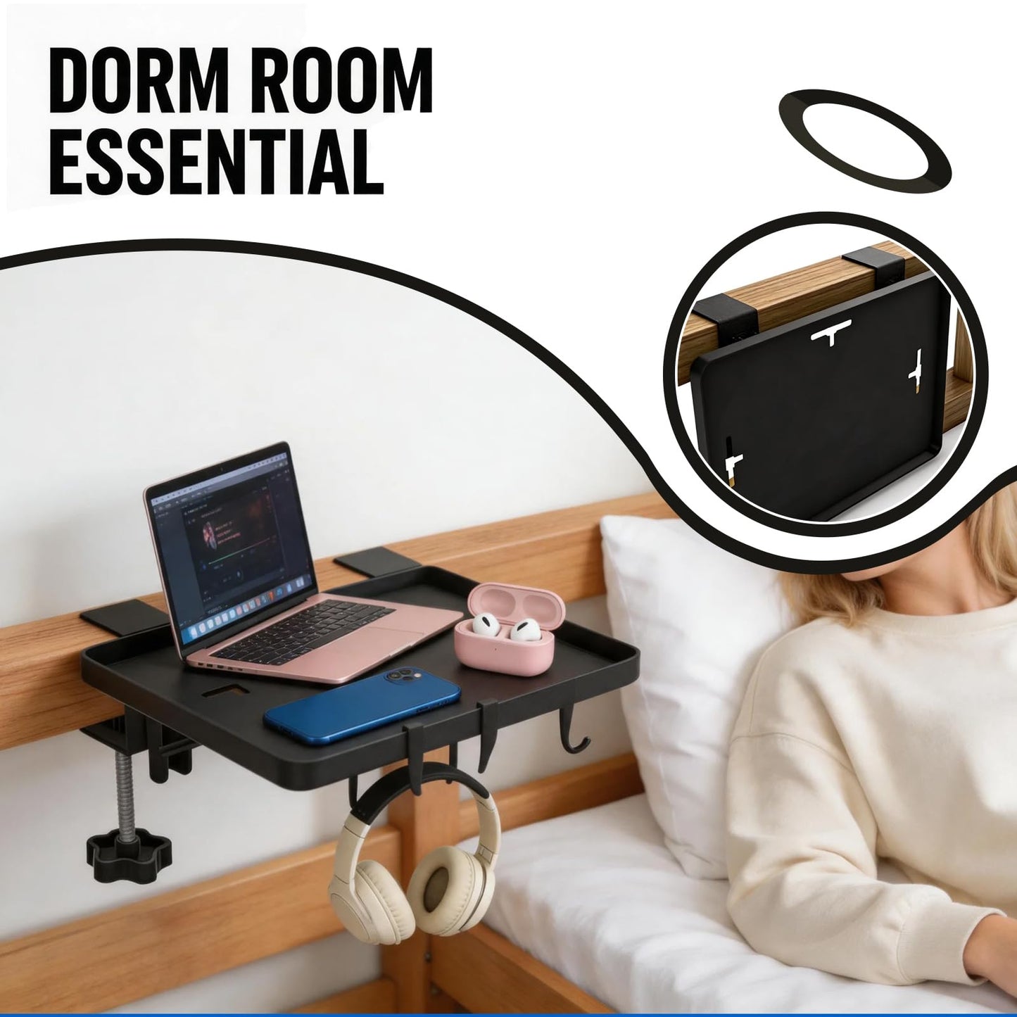 HLiikuikin Bed Shelf Clip-On, Sturdy Bedside Shelf Table Tray, Foldable Bed Side Organizer for Dorm Loft Bedroom(Black)