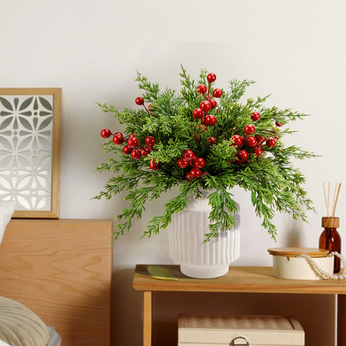 Watayo 60 Pcs Christmas Artificial Pine Branches with Red Berry Stems, 10.5" Faux Evergreen Norfolk Pine Cypress Leaves Stems, Fake Foliage Pine Needles Picks for DIY Craft Garland Home Decor