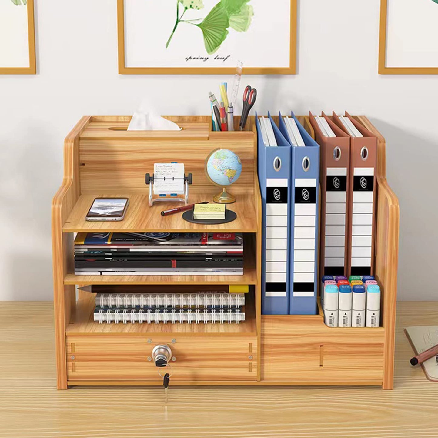 Zyners Bamboo Desk Organizer, Desktop Wood Bookshelf File Organizer, Pen Holder and Tissue Holder, 1 Drawer with lock for Office, Home, Need to Install(Cherry Wood)