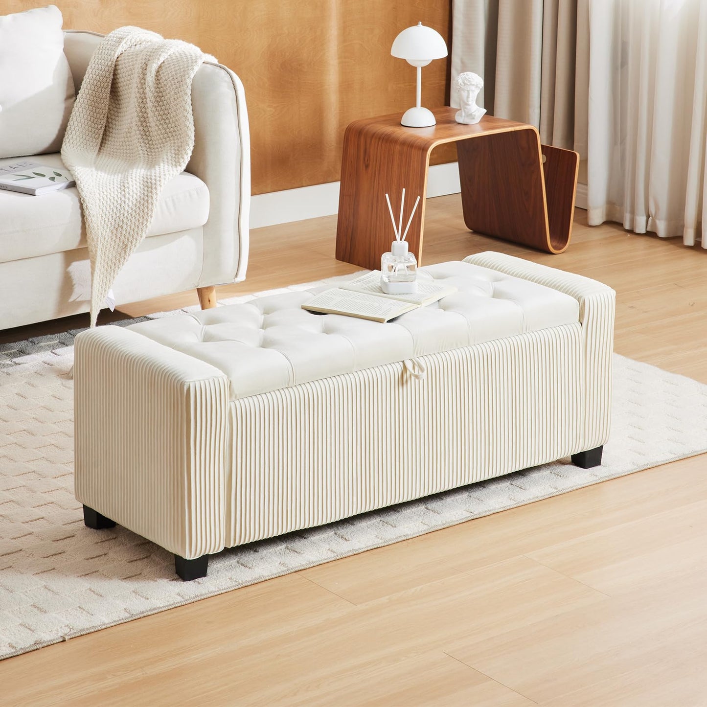 2BYF Storage Ottoman Bench, Bench for Bedroom End of Bed, Ottoman with Storage for Living Room and Entryway (Velvet White)