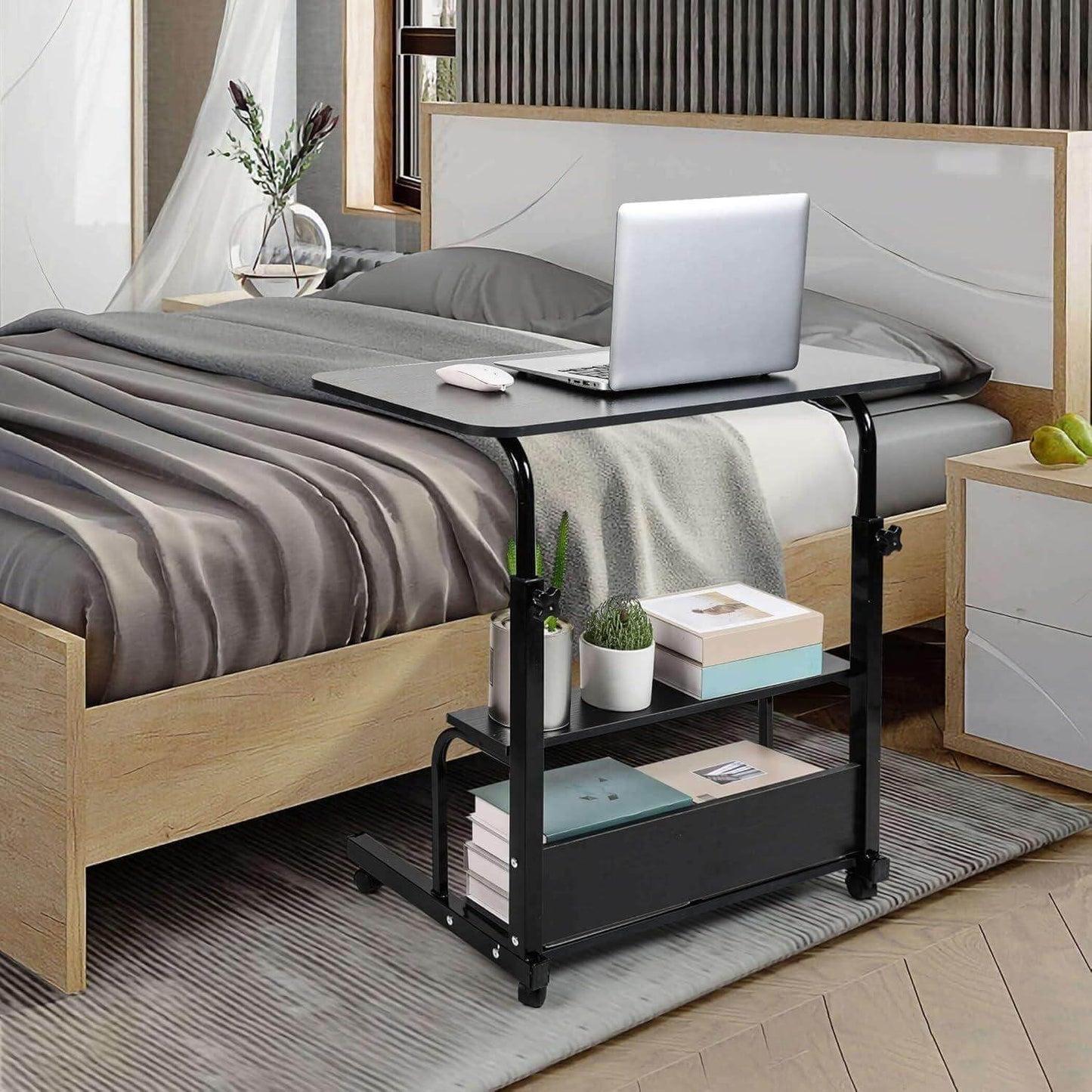 Dekhaoxe Adjustable Height Mobile Computer Desk for Small Space Rolling Writing with Wheels Corner Home Office Study Portable Bedrooms Work Desk Standing Desk Sizes 31.5X15.7 Inches Black C