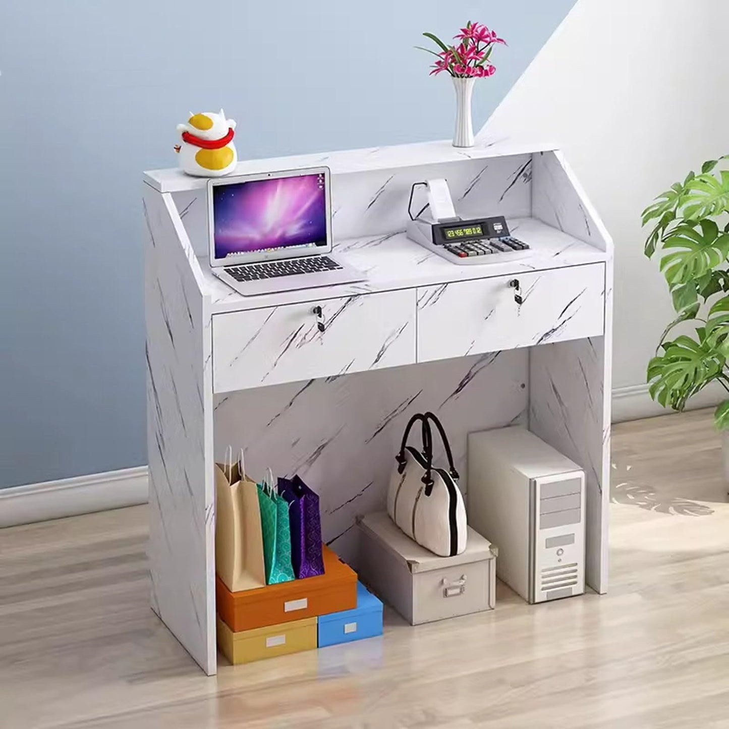 Modern Reception Desk with Lockable Drawers & Storage Cupboard, Lockable Reception Desk with Drawer, Multi-Functional Checkout Counter Table for Retail, Cash Register Station for Beauty Salo