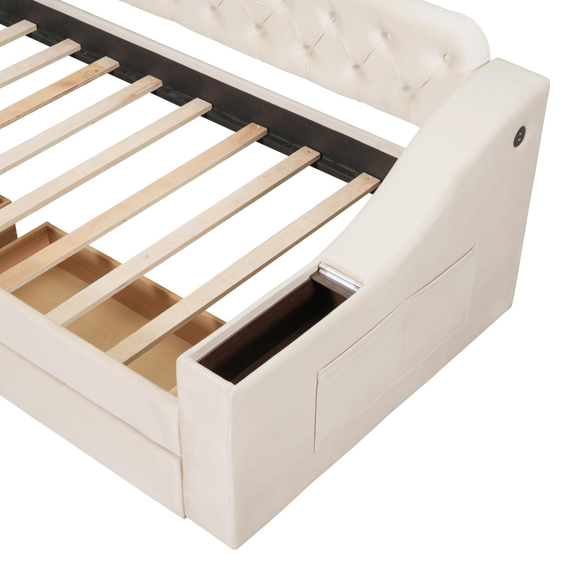 Brisca Twin Size Upholstered Daybed with Storage Armrests and USB Port,Bed Frame W/ 2 Drawers & Wood Slats Support,for Bedroom,Apartment,Guest Room,Beige