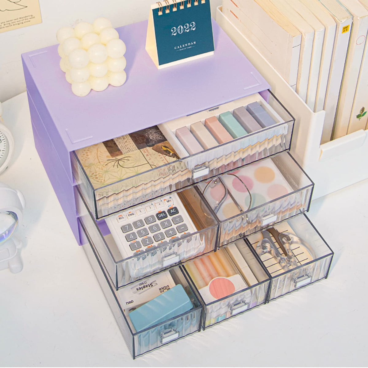 3 Tier Stackable Desk Organizer with 6 Drawers, Plastic Desktop Storage Box Drawers, Detachable Makeup Storage Office Stationery Supplies Organizer for Office School(Purple)