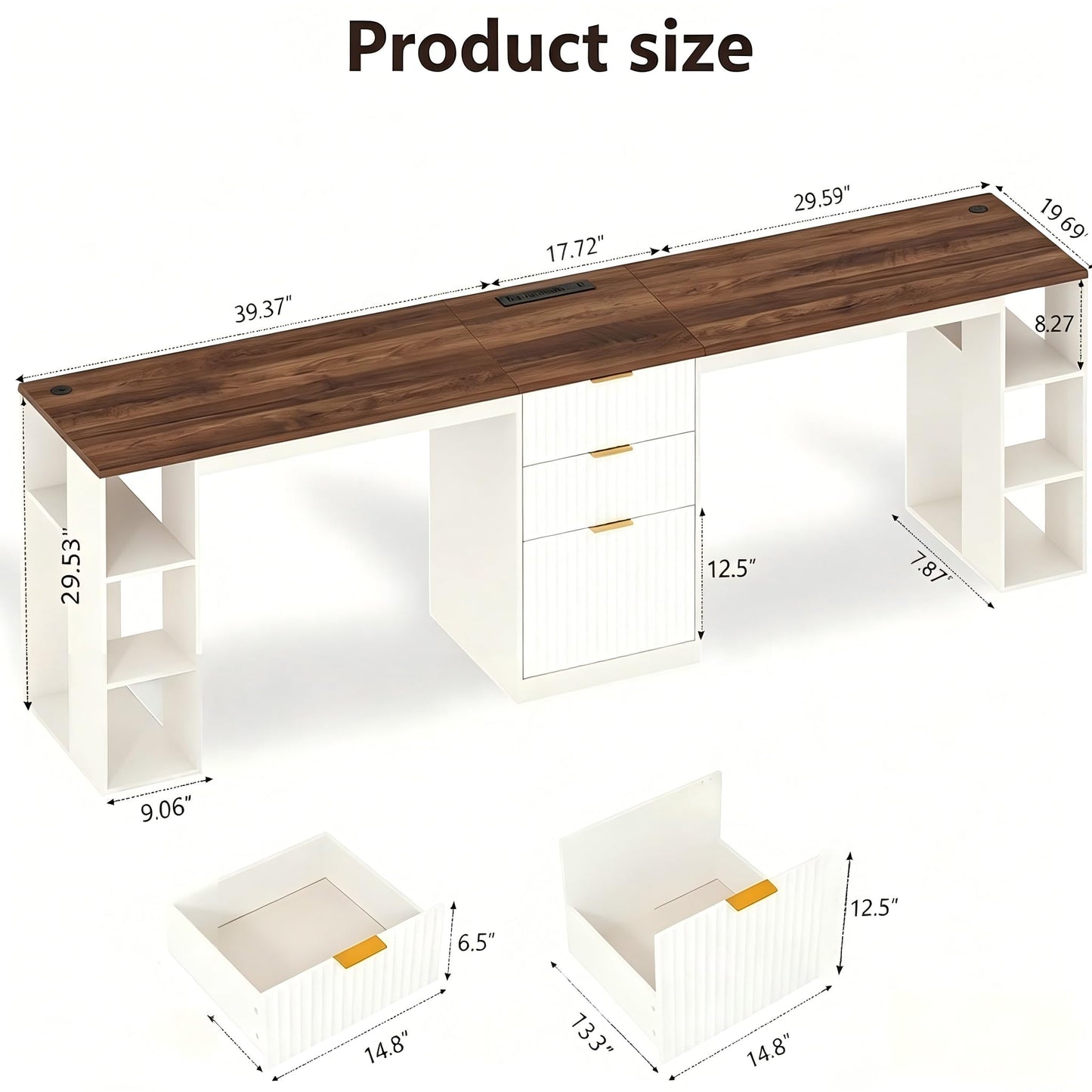 NORTHSKY 96.5" 2 Person Desk with Power Outlet & USB Ports, Double Computer Desk with Drawers & Storage Shelves, Modern Fluted Home Office Desk, White