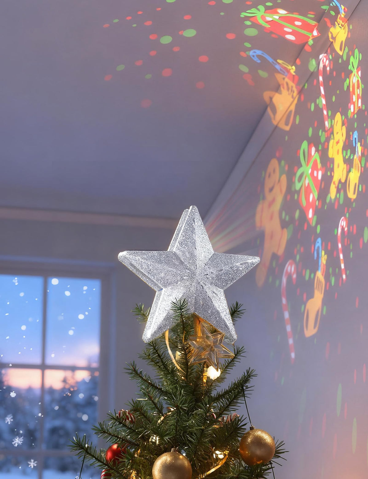 DG-Direct Christmas Tree Topper Lighted Star with 6 Projected Patterns,3D Hollow Sparkling Star Christmas Tree Topper with Rotating Magic Projector for Christmas Tree Ornament