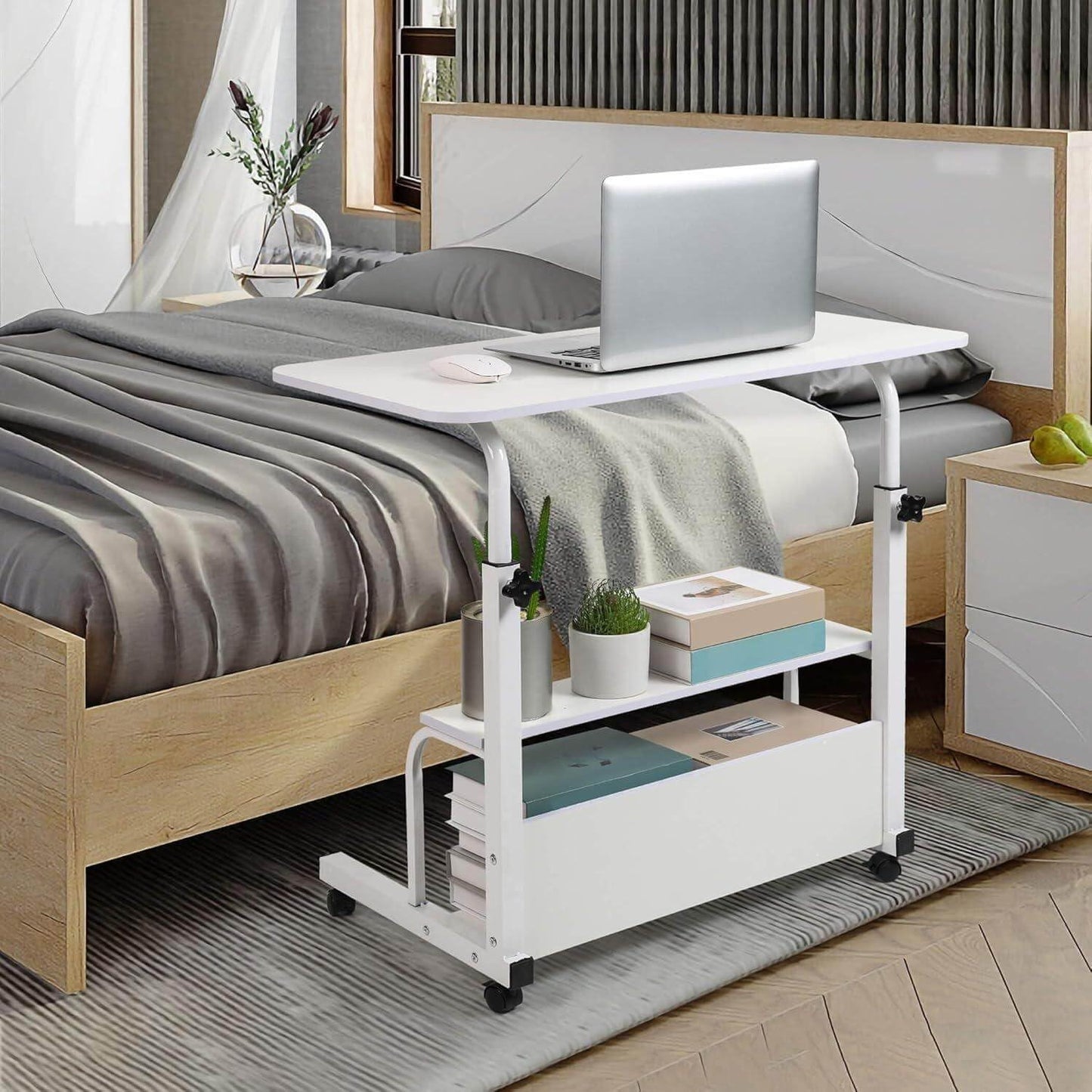 Dekhaoxe Adjustable Height Mobile Computer Desk for Small Space Rolling Writing with Wheels Corner Home Office Study Portable Bedrooms Work Desk Standing Table Sizes 31.5X15.7 Inches White