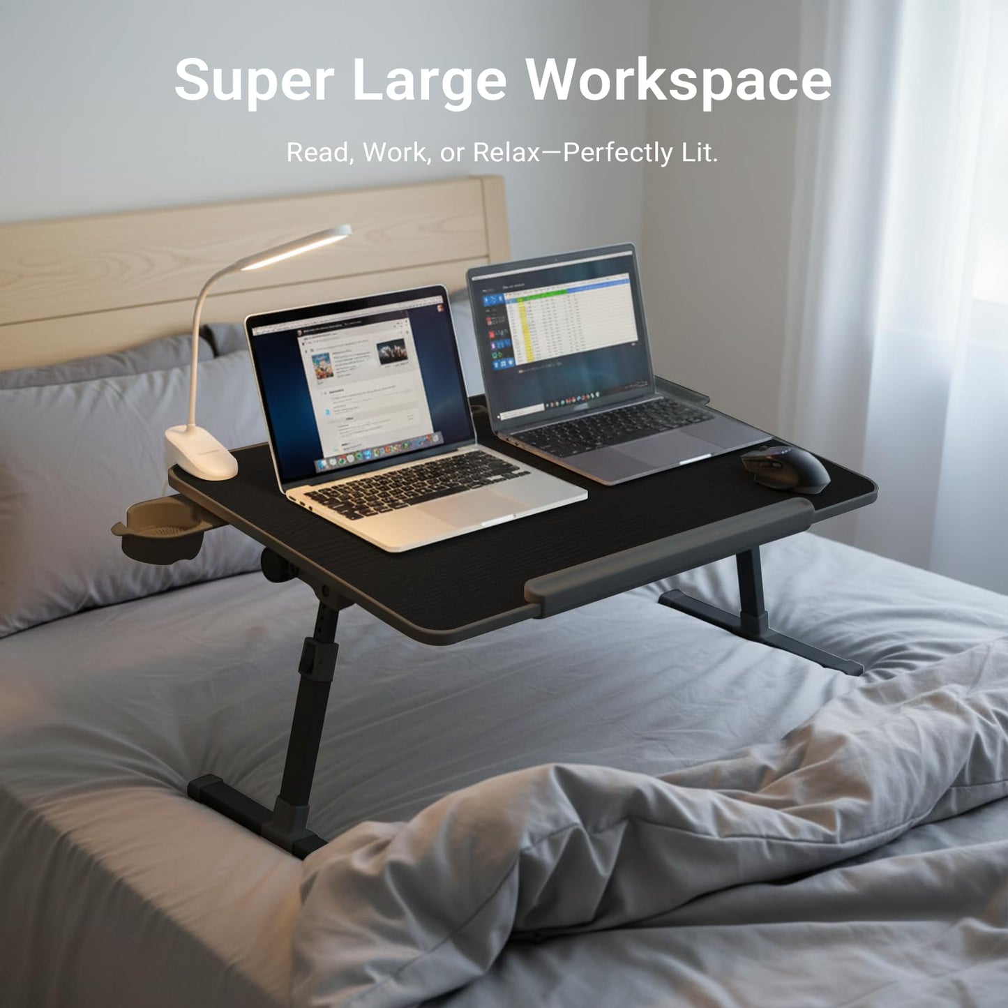 iXTRA Laptop Lap Desk with Cooling Fan - Adjustable Bed Desk with Light, Bed Table with Cup Holder&Phone Holder - Storage Drawer Desk - Folding Bed Desk,Black,70x45cm