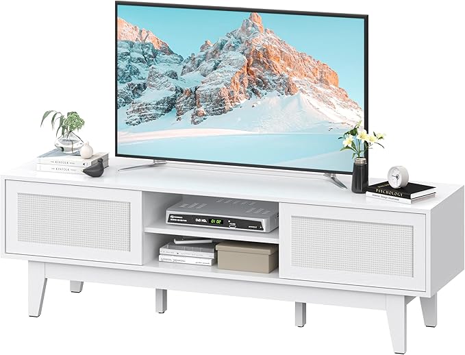 Xixini Boho TV Stand for 55 65 Inch TV, Rattan Entertainment Center
