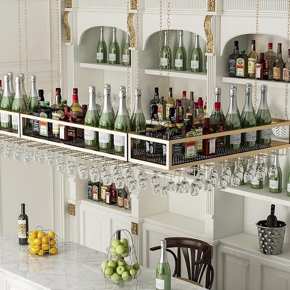 WXPWAMZ Wall Mounted Metal Wine Rack Height Adjustable Ceiling Wine Glass Rack, Bar Floating Shelf Wine Glass Holder,Wall-Mounted Wine Glass Decorate Rack Perfect for Bar Cafe Kitche(Size: