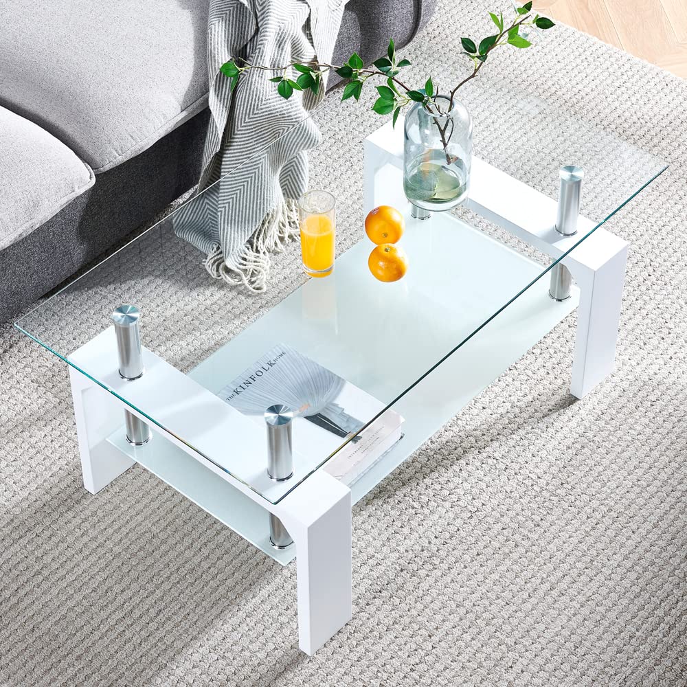 Living Room Rectangle Coffee Table, Tea Table Suitable for Waiting Room, Modern Side Coffee Table with Wooden Leg, Glass Tabletop with Lower Shelf, White 39.5 * 23.5 * 17.5
