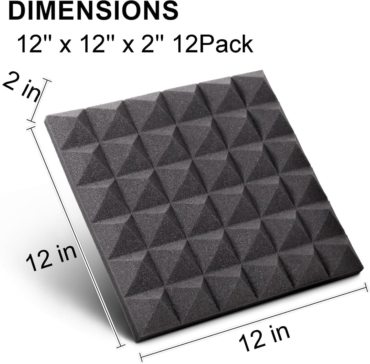 Foneso Acoustic Foam Panels, 12''x12''x2'' High Density Sound Proof Foam Panels for Walls, Pyramid Designed Acoustic Panels Sound Absorbing for Sound Studio, Podcast Recording and Offices (12Pack)