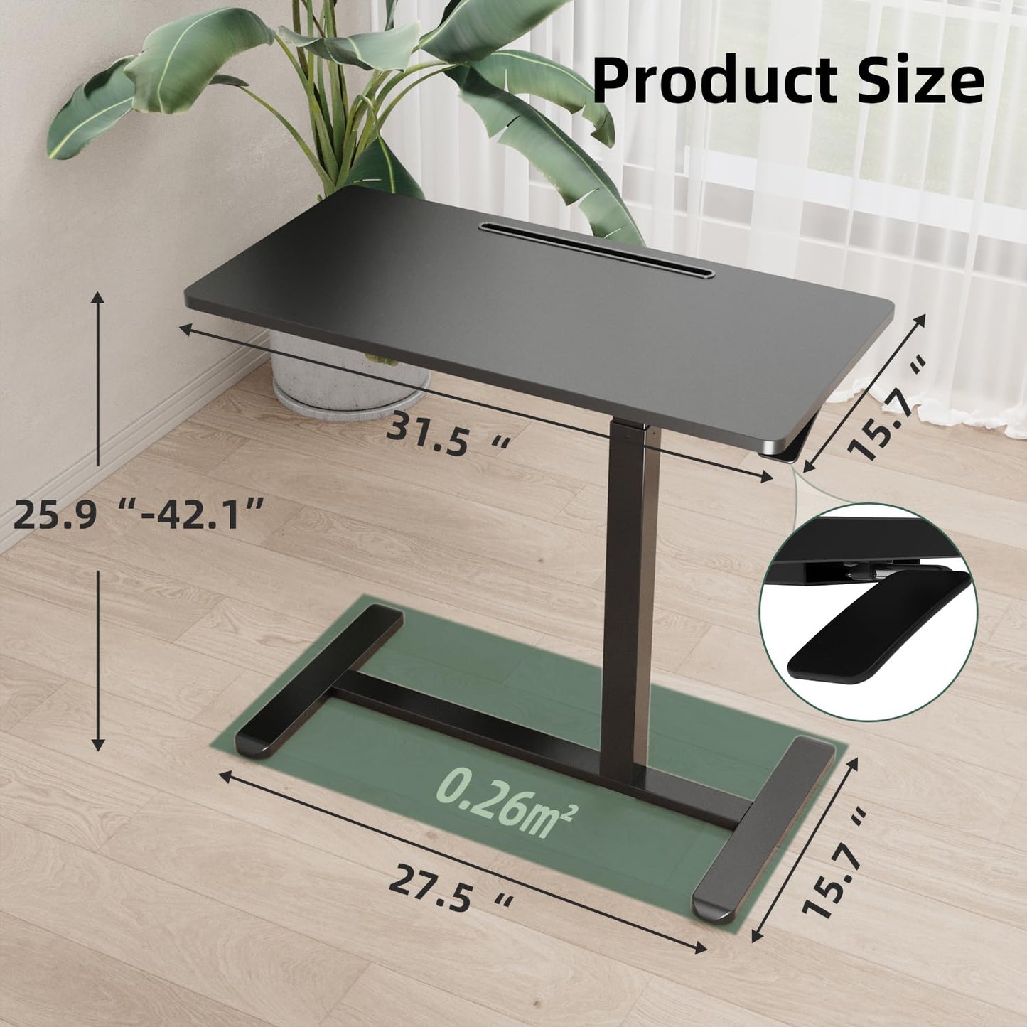 Gibbon Mounts Mobile Standing Desk, Pneumatic Adjustable Rolling Desk(31.5 Inches), Portable Laptop Desk with Wheels, Overbed Bedside Table Laptop Table for Couch, Home, Office, Black