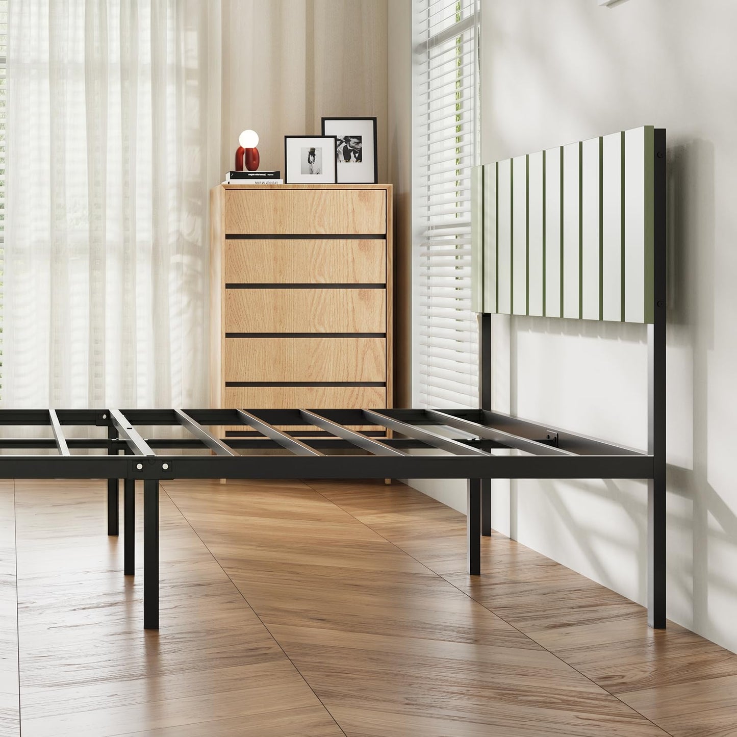 Novilla Twin Bed Frames with Wooden Slatted Headboard, Heavy Duty Scandinavian Metal Platform Frame, 800 LBS Capacity, No Box Spring Needed, Noise-Free & Under-Bed Storage, Easy Assembly