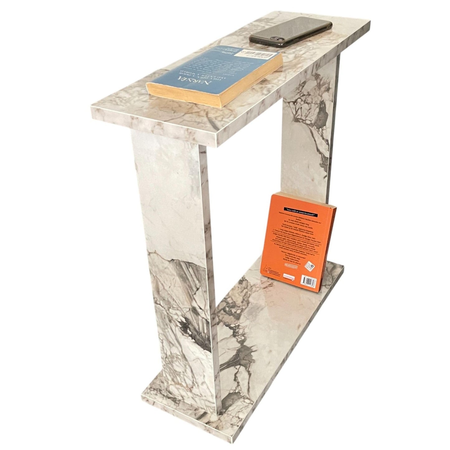 Very Narrow Side Table for Living Room, Small Apartment Space Between Chairs Skinny Table for Recliner, Couch, Armchair, Thin Slim End Table for Living Room, Bedroom, Beverages (White Marble)