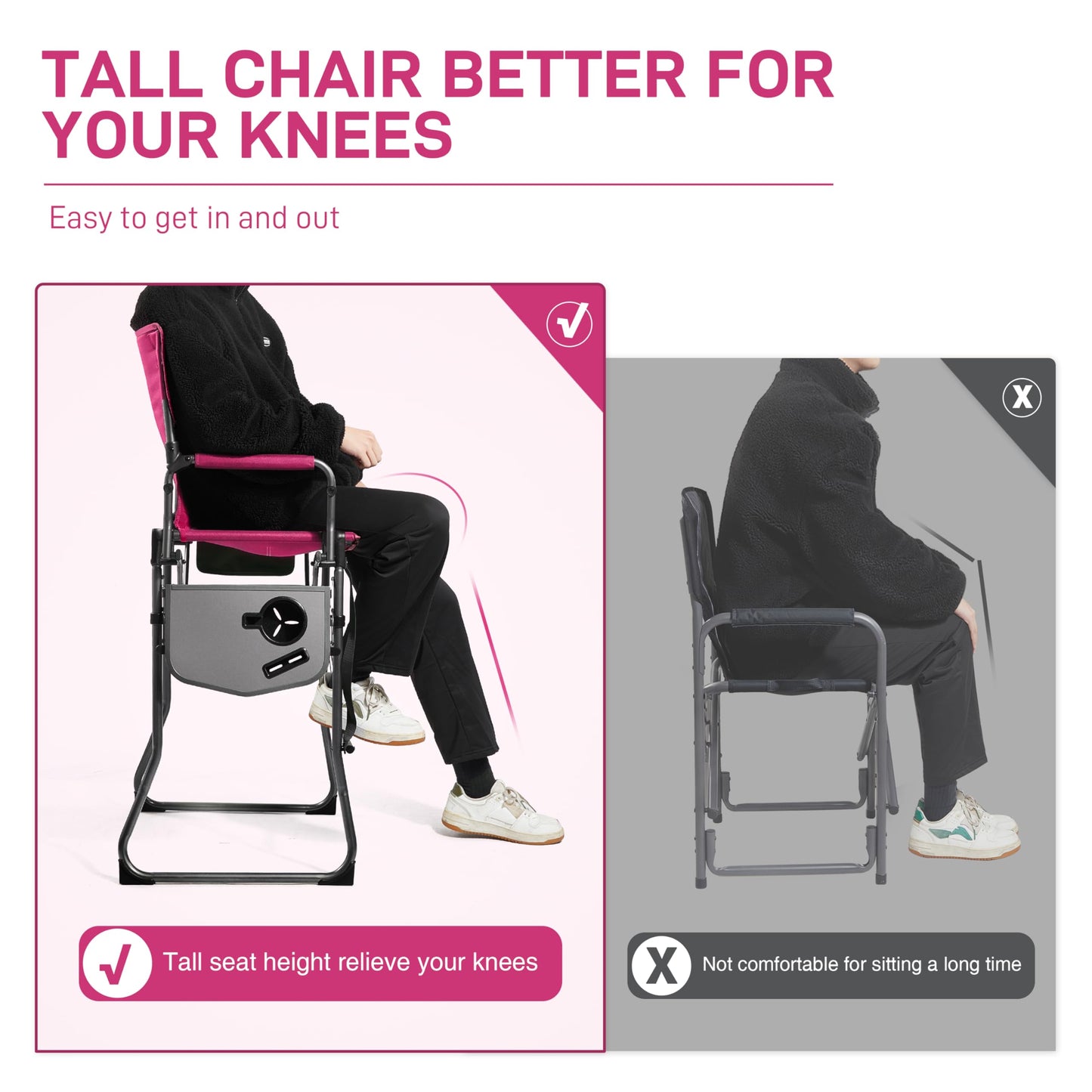 EVER ADVANCED Portable 30.7" Seat Height Tall Folding Camping Chair Directors Chair High Foldable Bar Stool with Side Table for Makeup Artist, Sports Event, Craft Show, Supports 350LBS