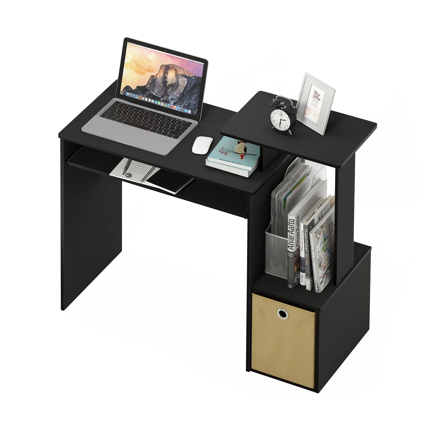 Furinno Econ 40-Inch Black Computer Desk Side Shelves, Office Desk with Keyboard Tray and Storage Bins, Rectangular Gaming Desk for Home Office, Bedroom, Study Room, Classic Black