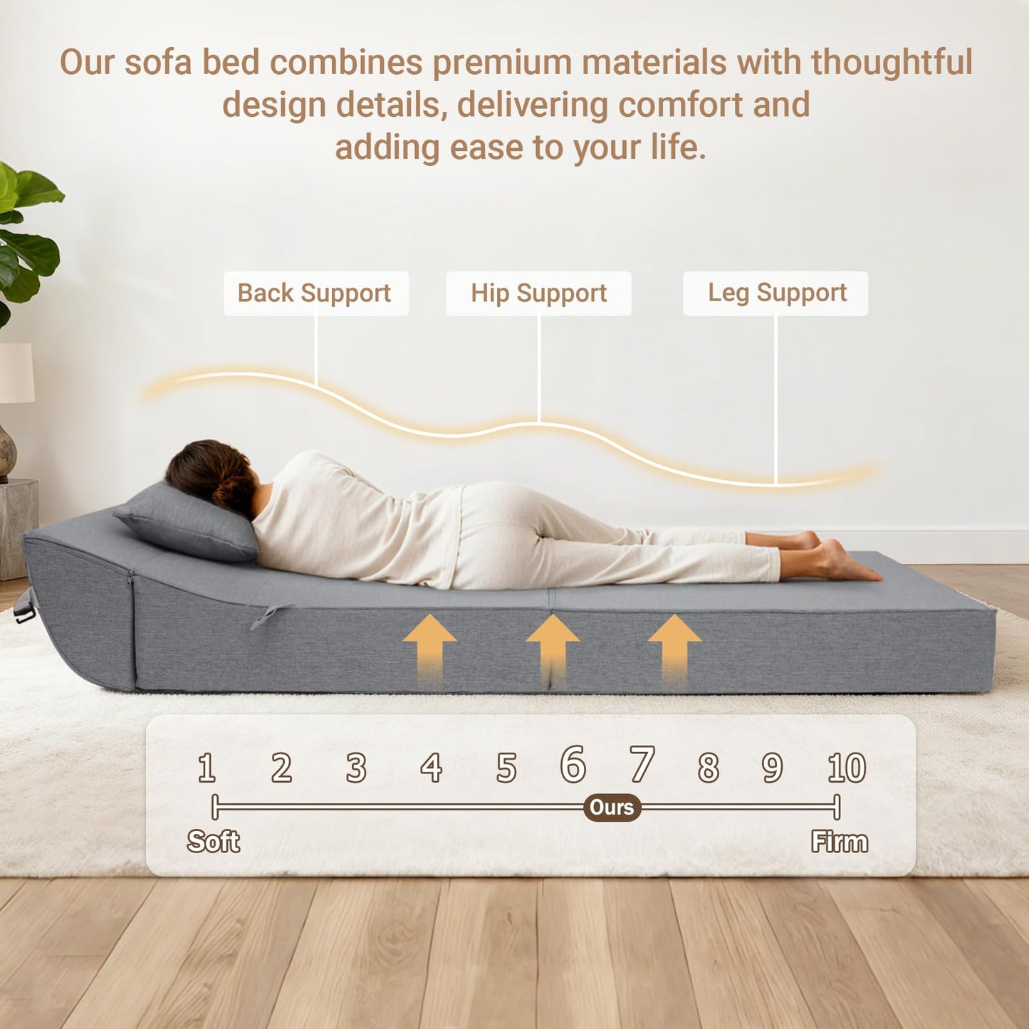 BeBen Folding Sofa Bed Chair, Convertible Sleeper Chair Futon Couch, Foldable Boneless Floor Lounge Sofa, Twin Foam Chair Bed for Small Spaces, Dorm, Guest Room, Living Room, Apartment, Dark Grey